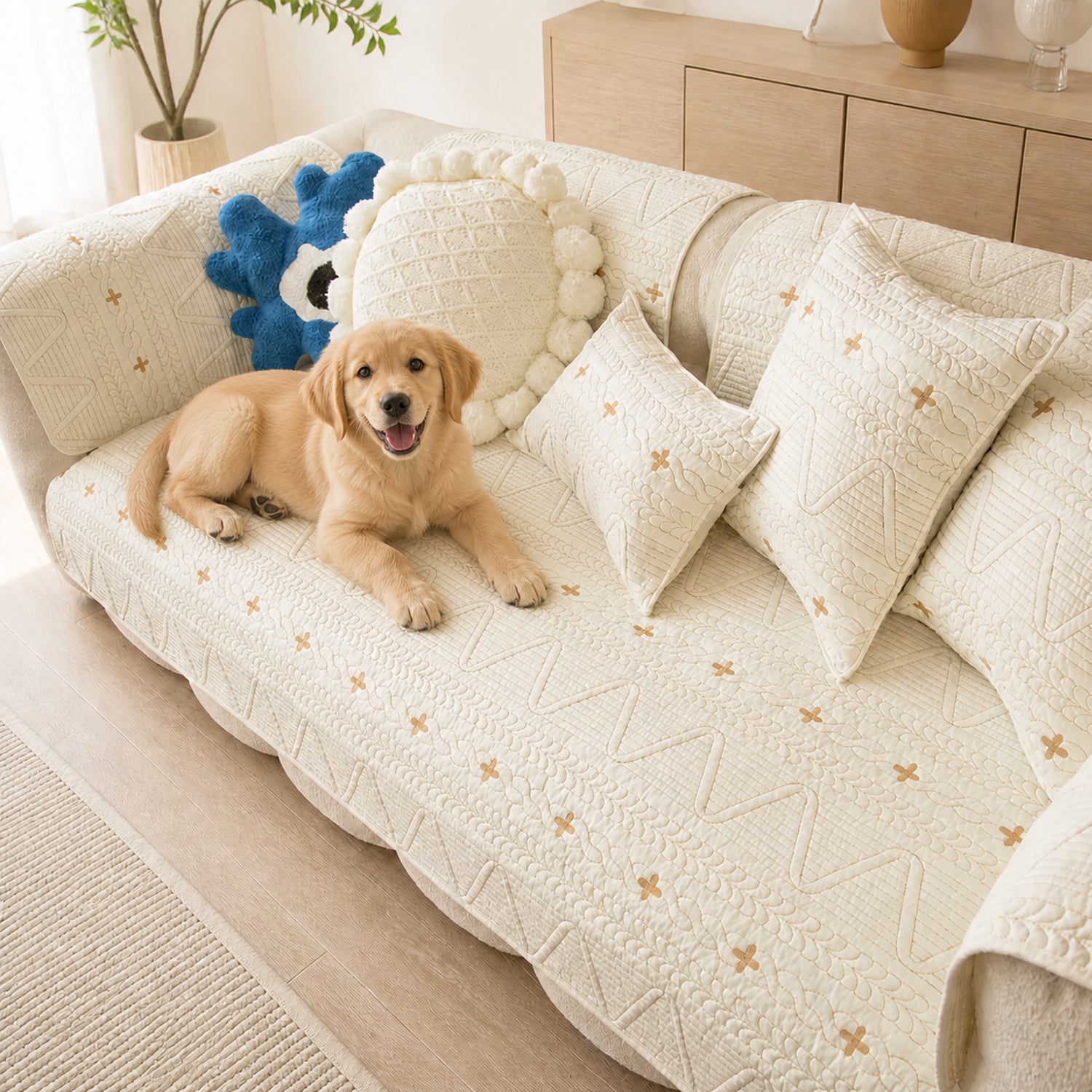 Nordic Cross Quilted Sofa Protector | 100% Cotton Non-Slip Washable Cover