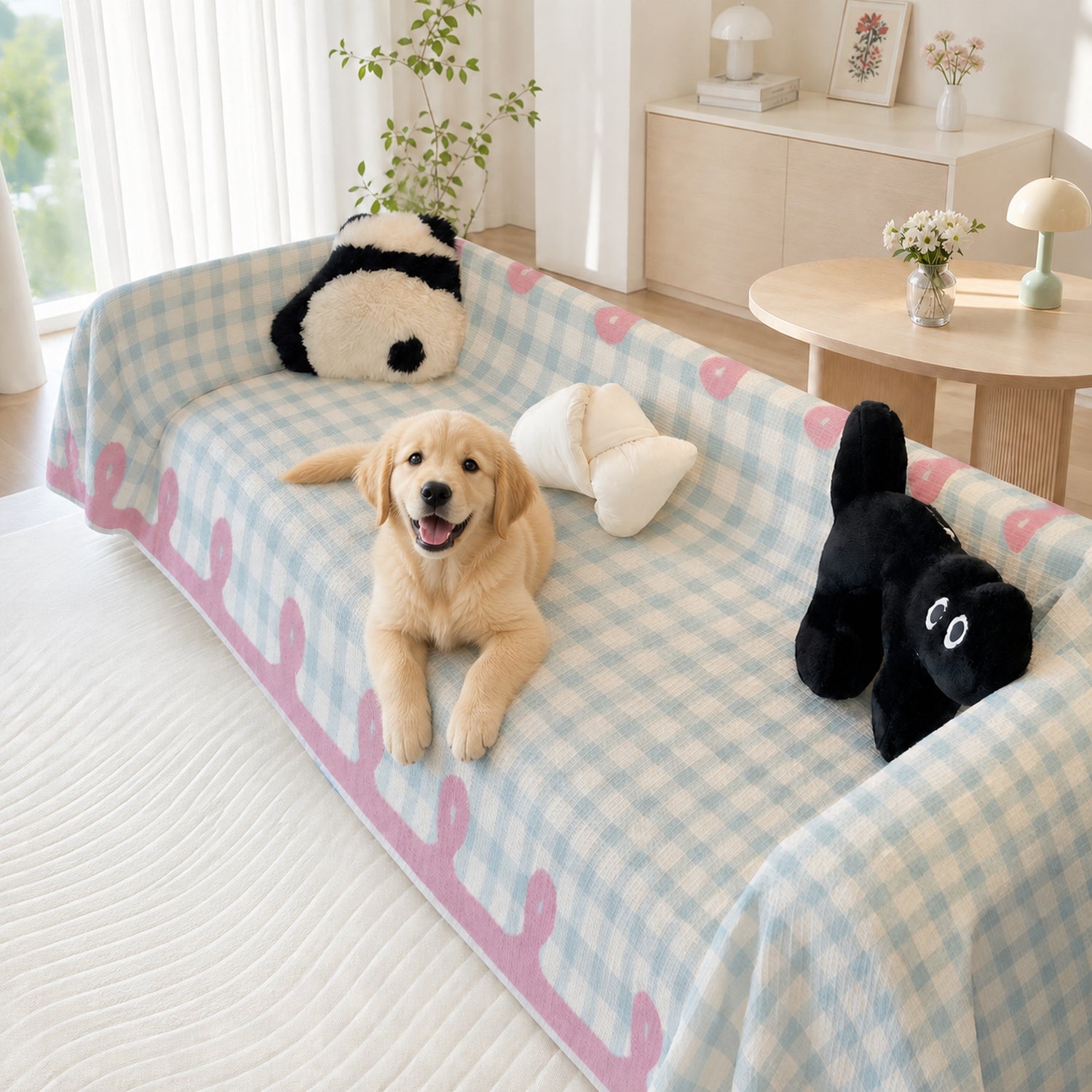 Pastel Gingham Waffle Sofa Throw | Non-Slip All-Season Sofa Protector