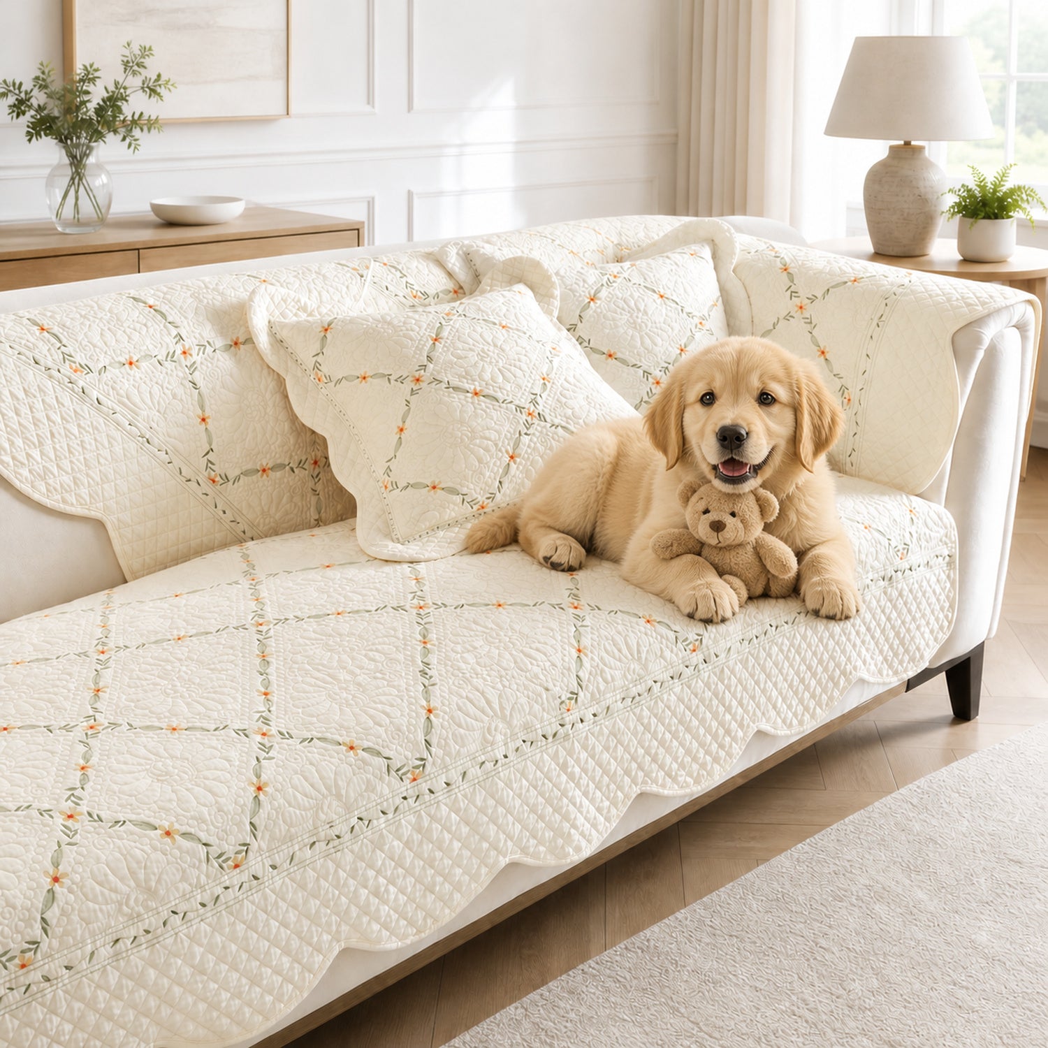 Delicate Vine Cotton Sofa Cover | Quilted Non-Slip Washable Protector
