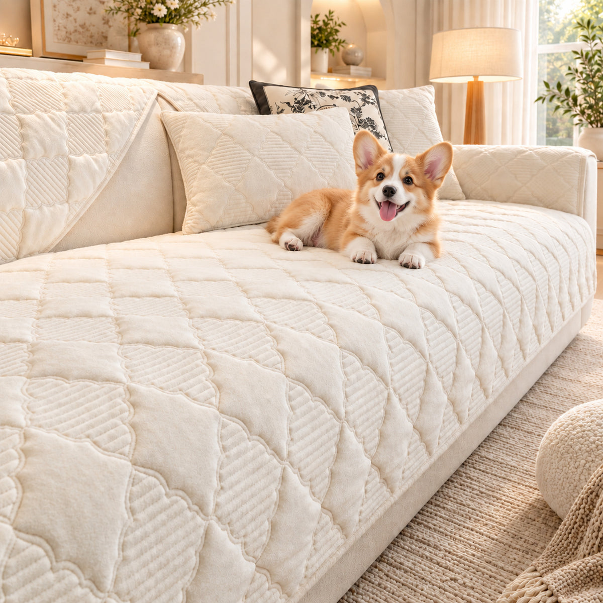 Quilted Sofa Cover | Soft Plush Velvet | Non-Slip, Machine-Washable Sofa Protector