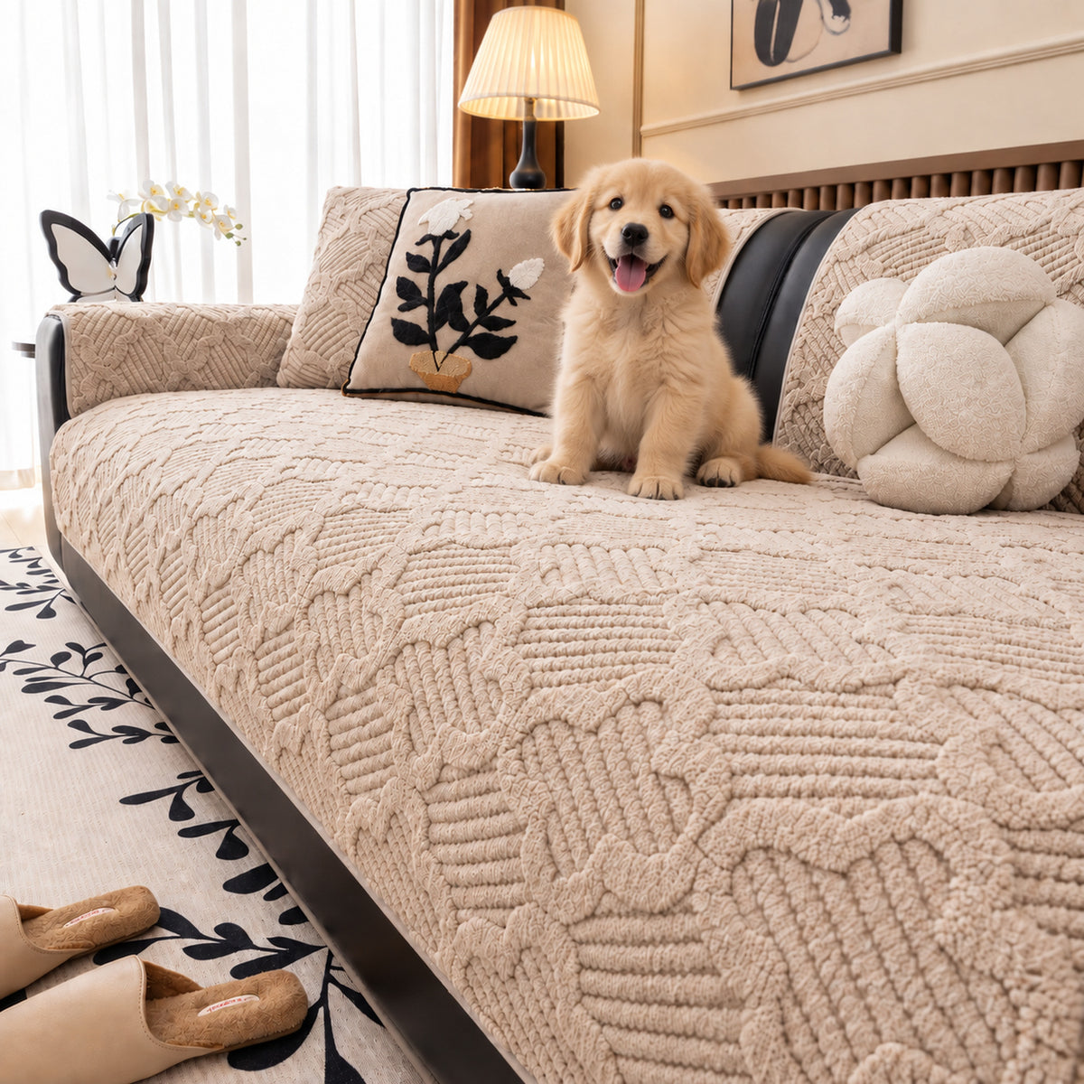 Plush Sofa Cover | Non-Slip Sofa Protector | Sculpted Weave | Machine Washable