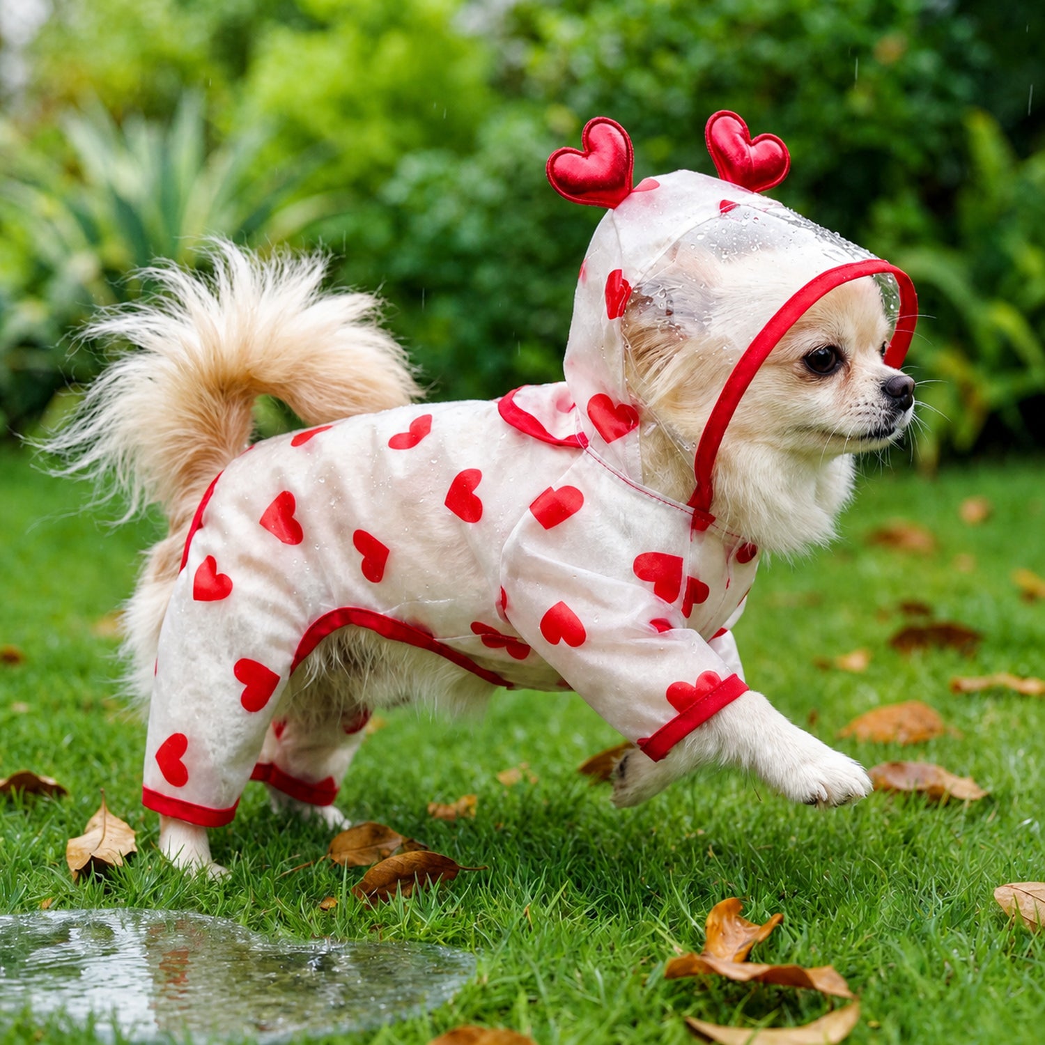 Heart Print Dog Raincoat | Waterproof | Hooded Full-Coverage Design