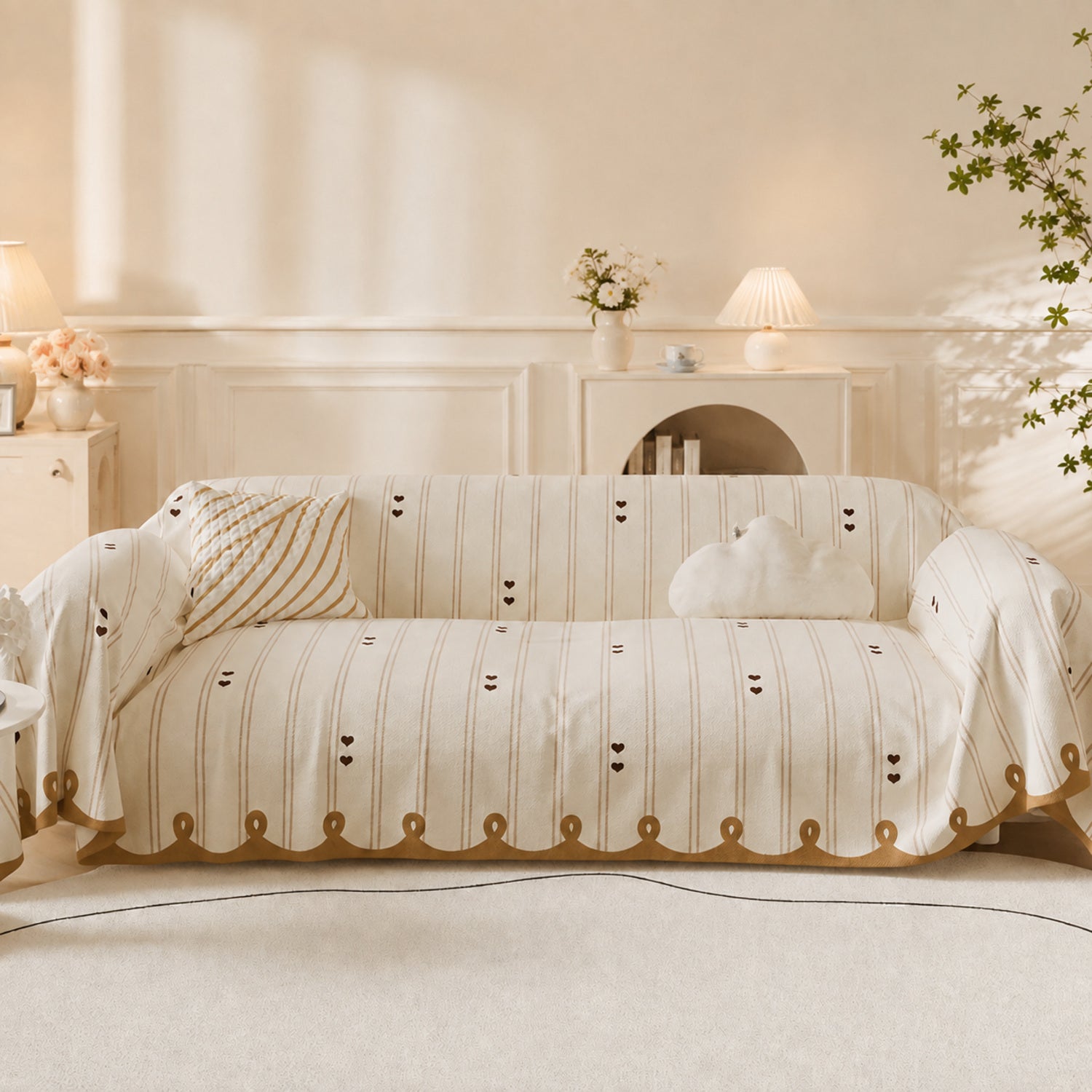 Dainty Heart Sofa Throw | Faux Linen | Non-Slip All-Season Sofa Protector