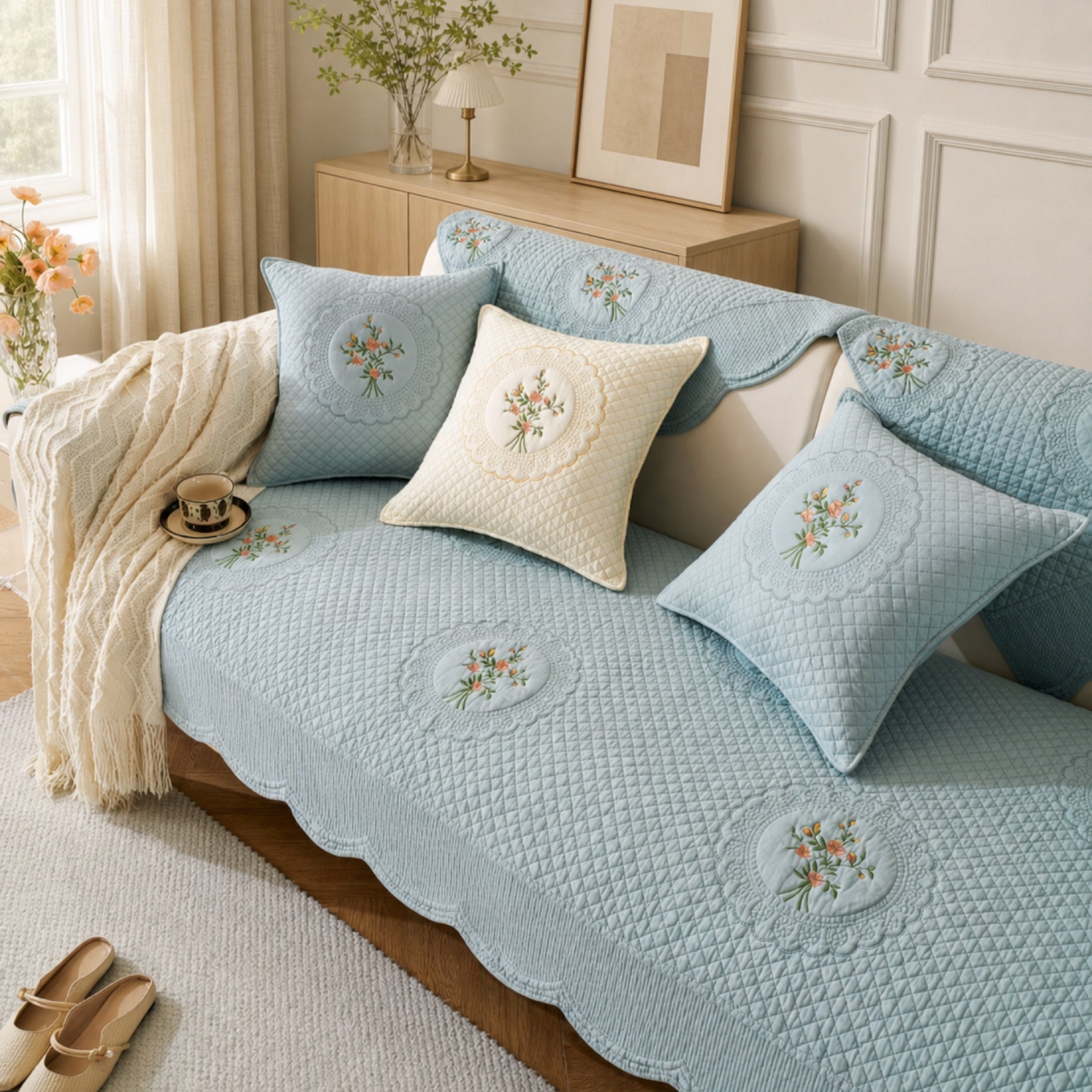 Heritage Floral Sofa Cover | Embroidered Cotton | Anti-Slip & Washable