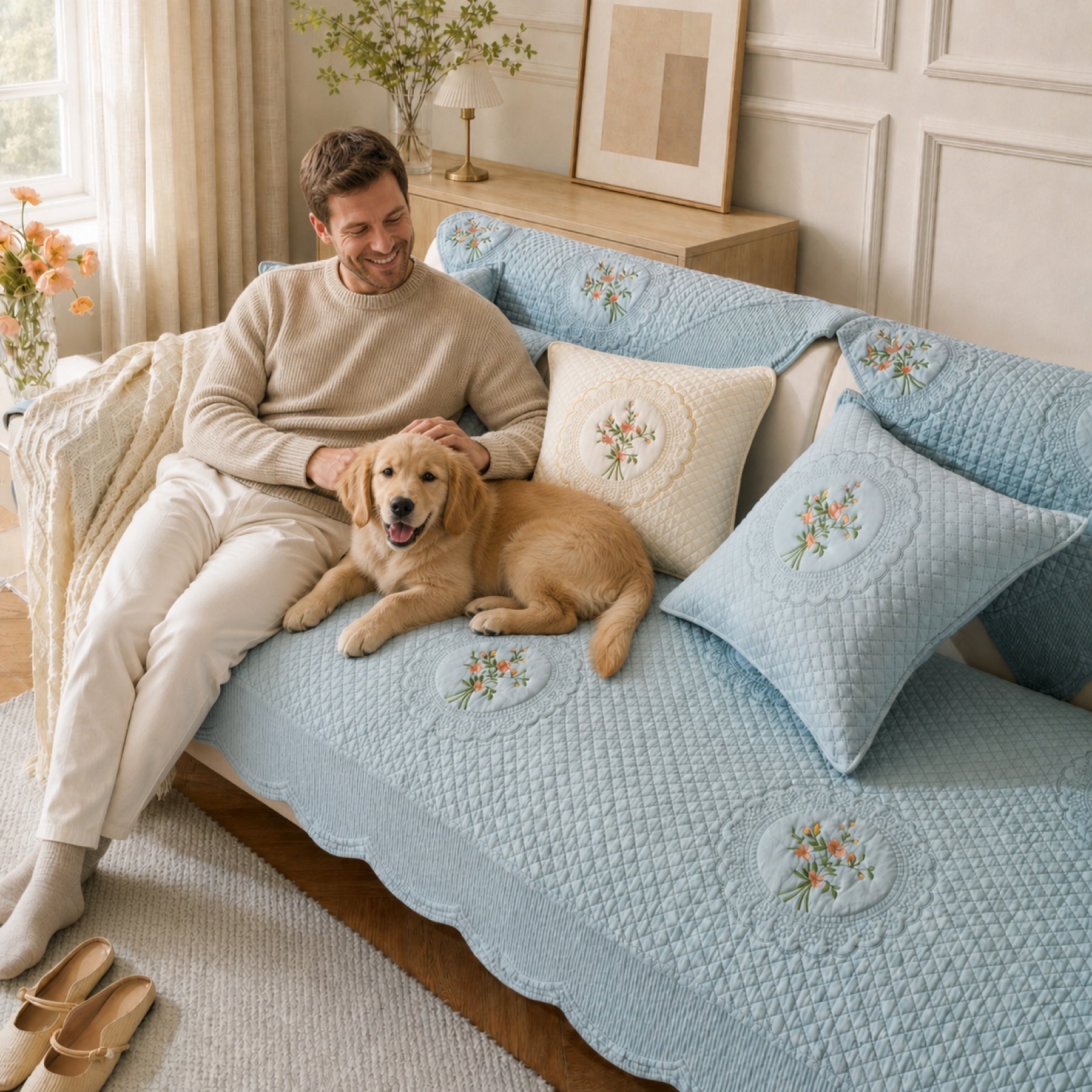 Heritage Floral Sofa Cover | Embroidered Cotton | Anti-Slip & Washable