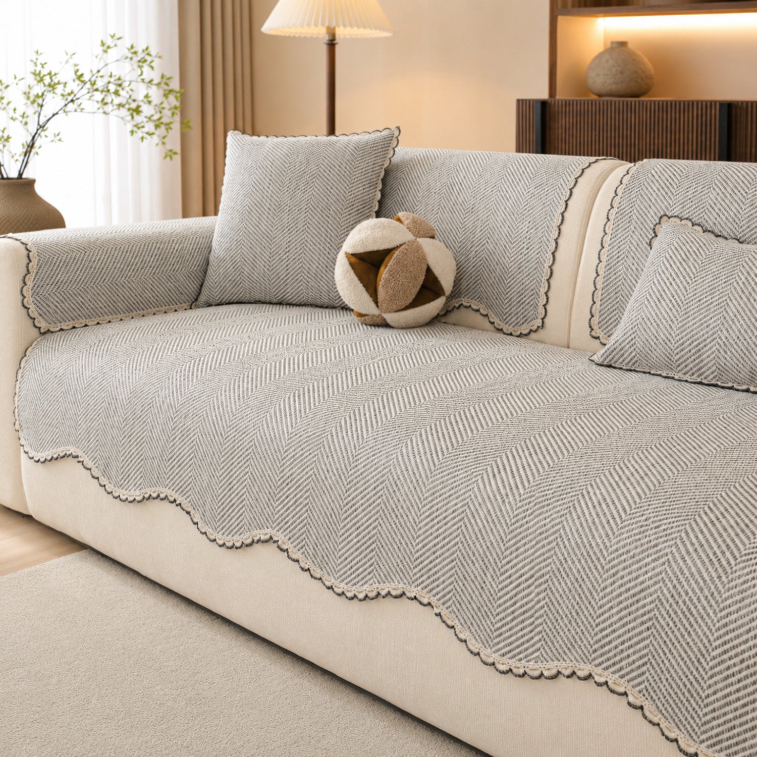 Herringbone Scallop Sofa Cover | Non-Slip Washable | All-Season
