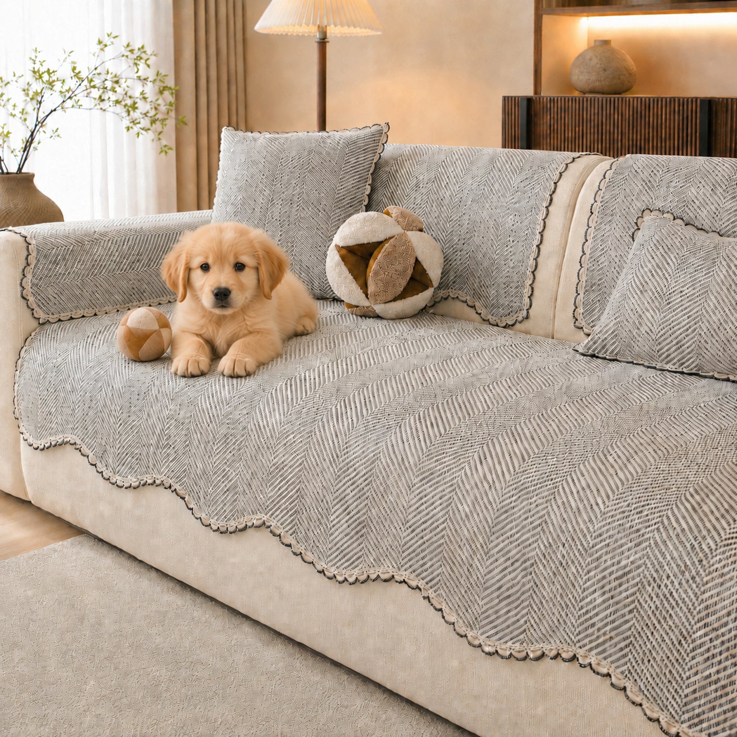 Herringbone Scallop Sofa Cover | Non-Slip Washable | All-Season
