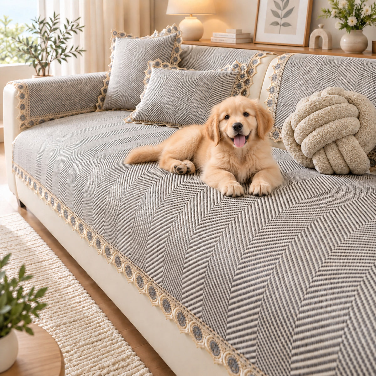 Sofa Cover | Herringbone Cotton-Linen | Non-Slip Washable Protector