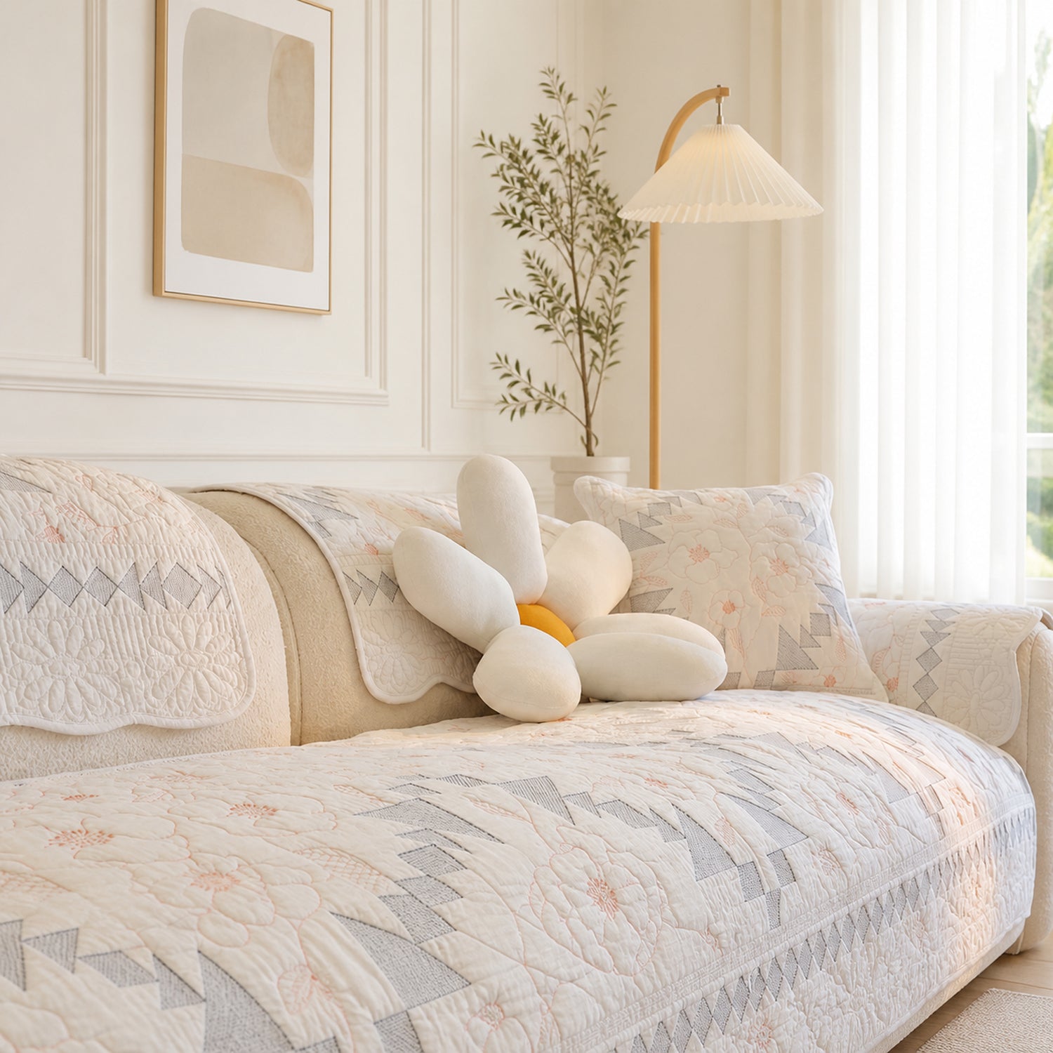 Floral Mosaic Cotton Sofa Protector | Quilted Non-Slip Washable Cover
