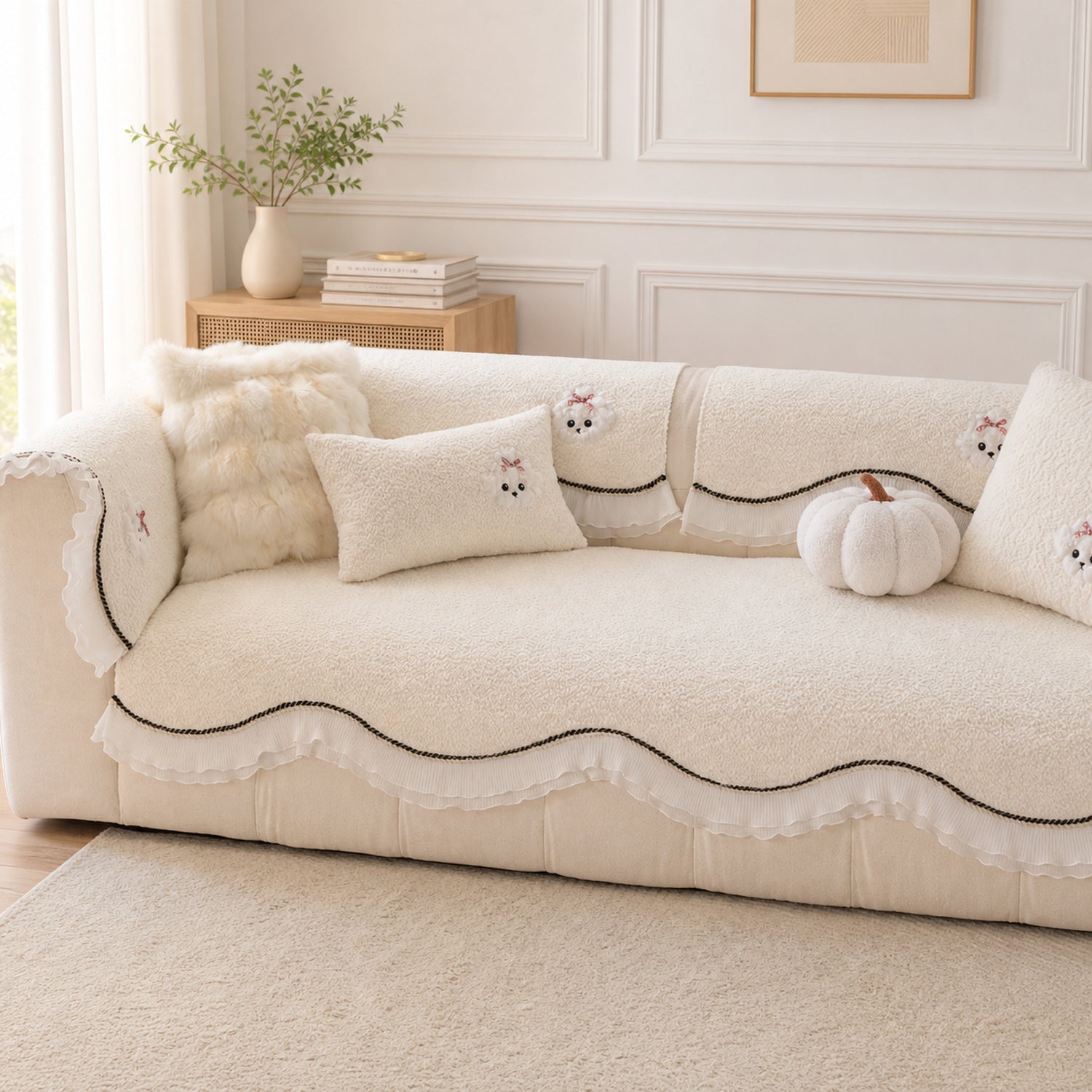 Little Puppy Ruffle Sofa Protector | Chenille | Non-Slip Washable Cover