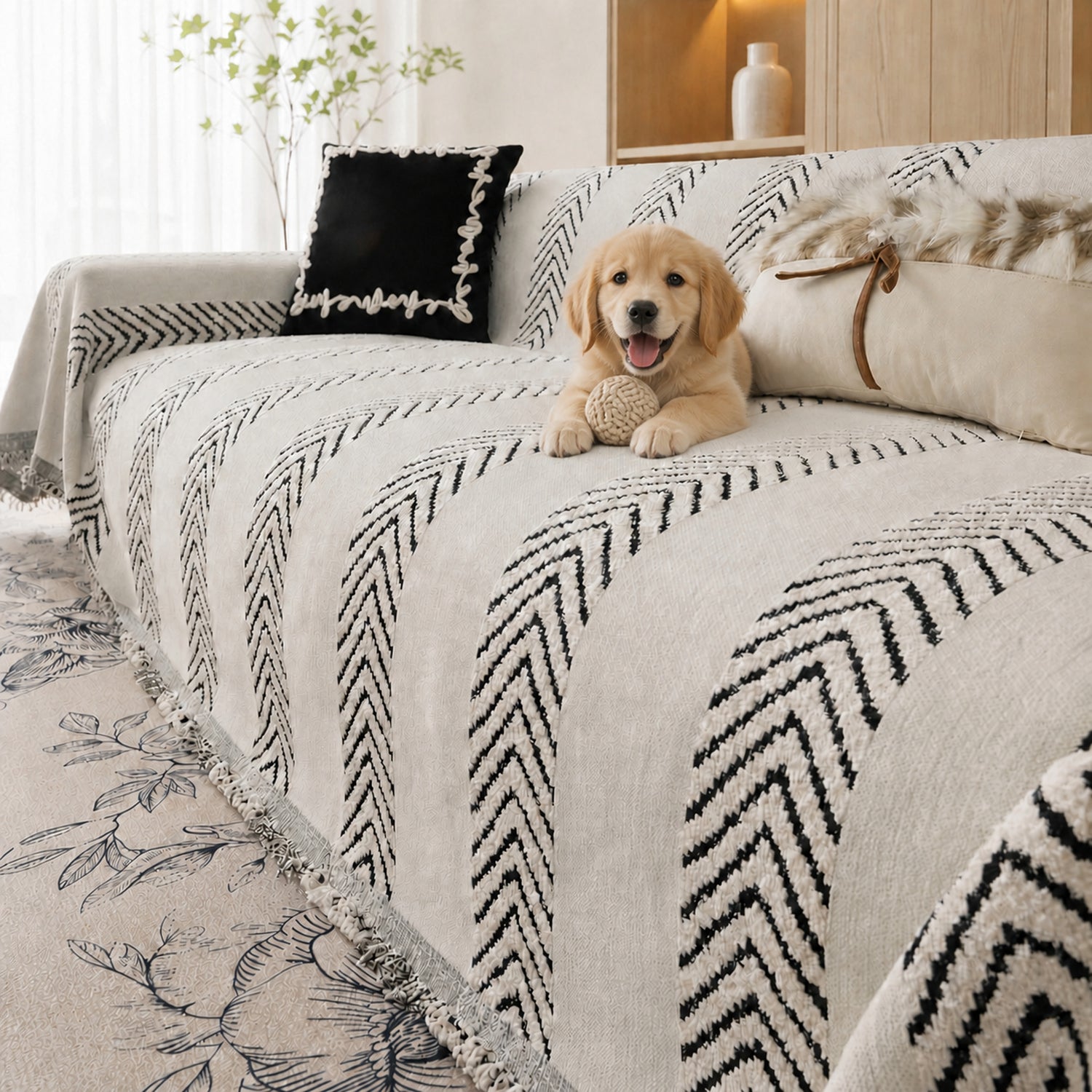 Sofa Throw | Chenille Pet Proof Couch Blanket | Non-Slip Herringbone | Washable | Dog & Cat Friendly