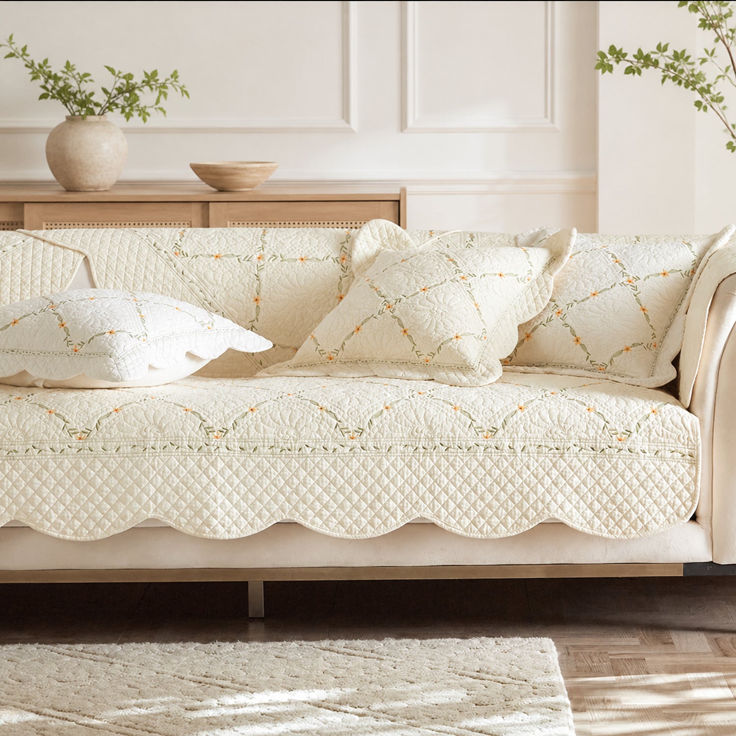 Delicate Vine Cotton Sofa Cover | Quilted Non-Slip Washable Protector
