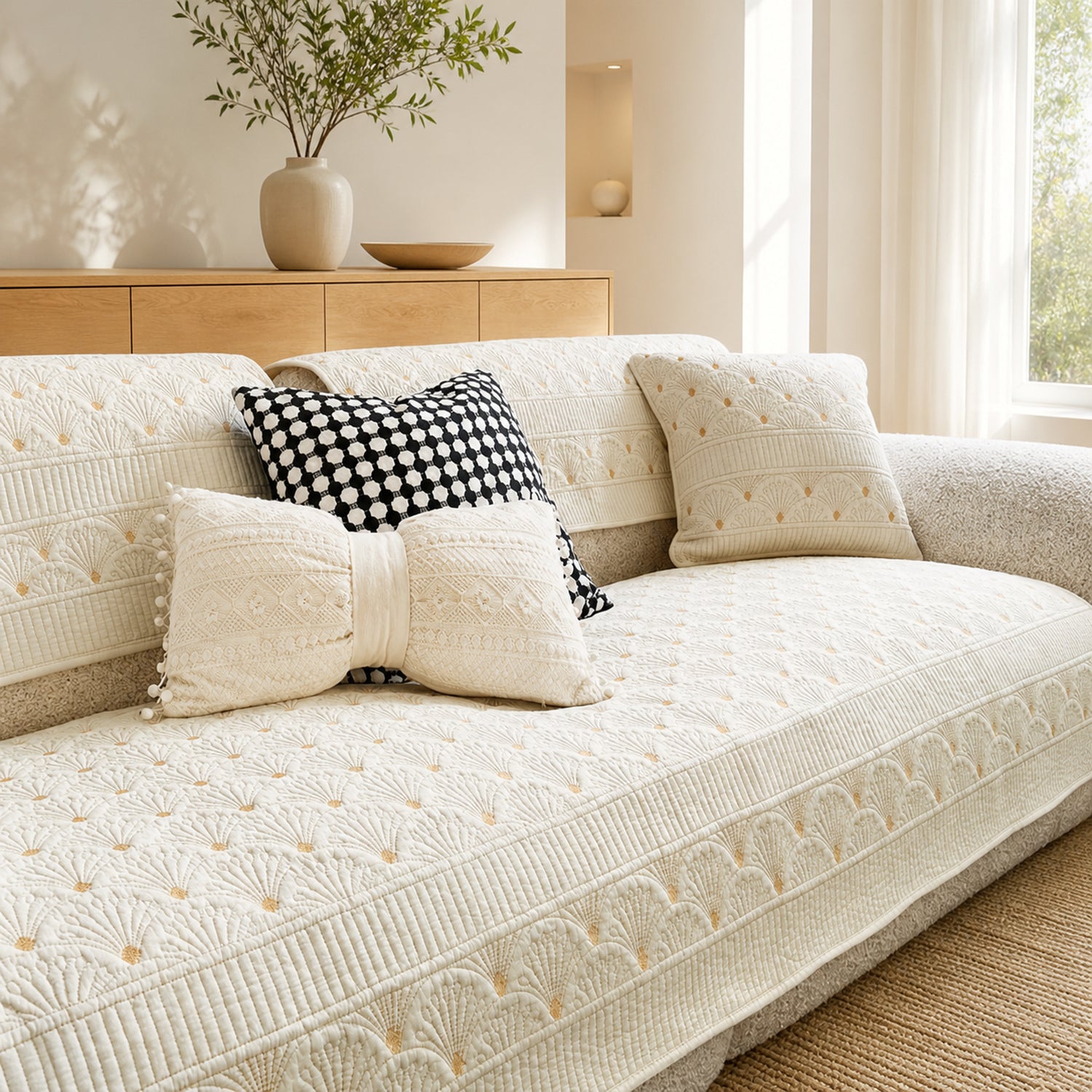Fanleaf Cotton Sofa Protector | Embroidered Non-Slip Machine Washable Cover