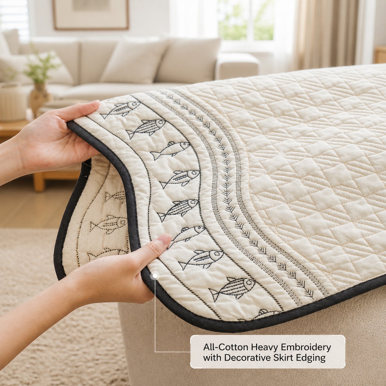 Fish Pattern Cotton Sofa Protector | Quilted Non-Slip Washable Cover