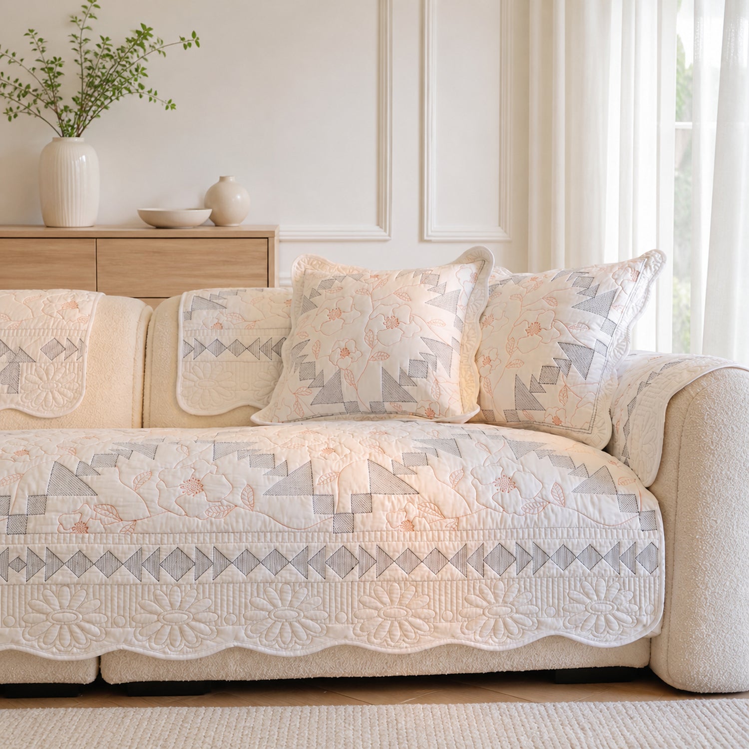 Floral Mosaic Cotton Sofa Protector | Quilted Non-Slip Washable Cover