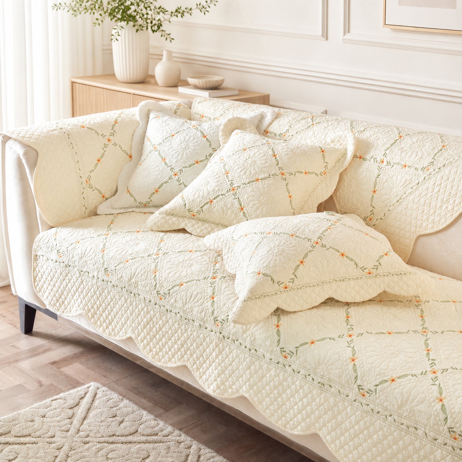 Delicate Vine Cotton Sofa Cover | Quilted Non-Slip Washable Protector