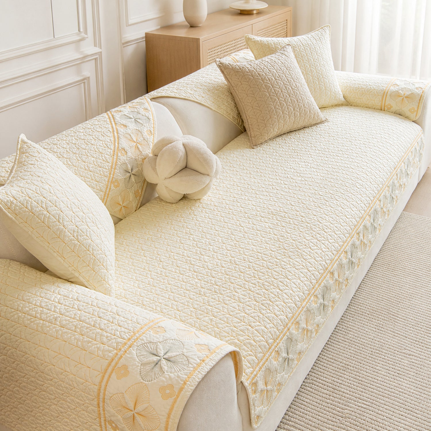 Floral Grace Quilted Sofa Cover | 100% Cotton | Non-Slip Machine-Washable
