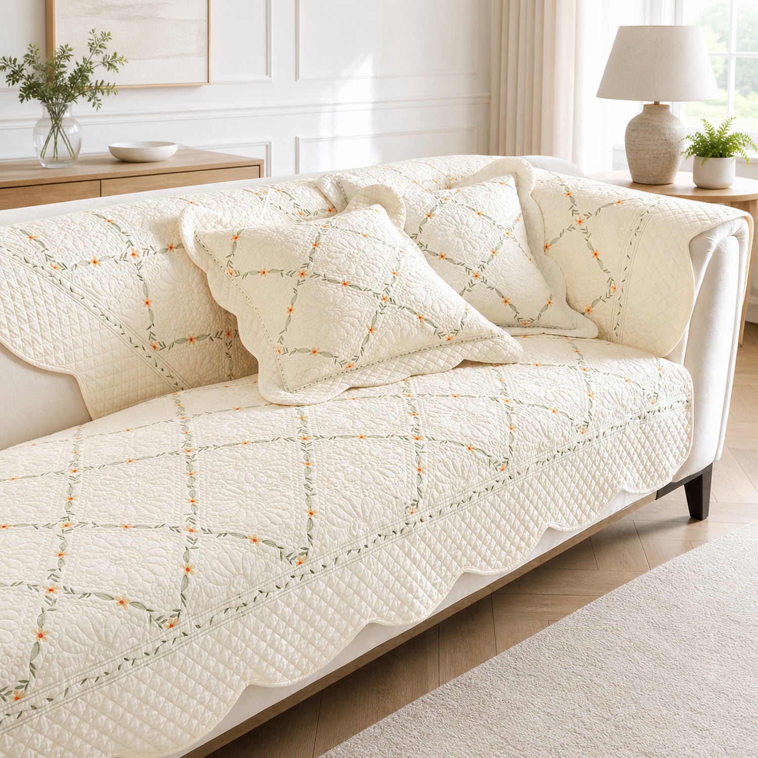 Delicate Vine Cotton Sofa Cover | Quilted Non-Slip Washable Protector