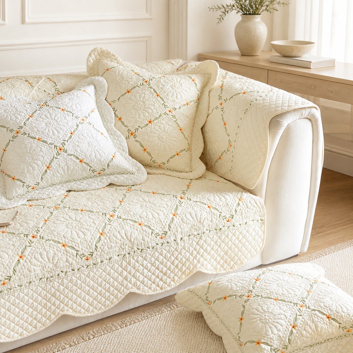 Delicate Vine Cotton Sofa Cover | Quilted Non-Slip Washable Protector