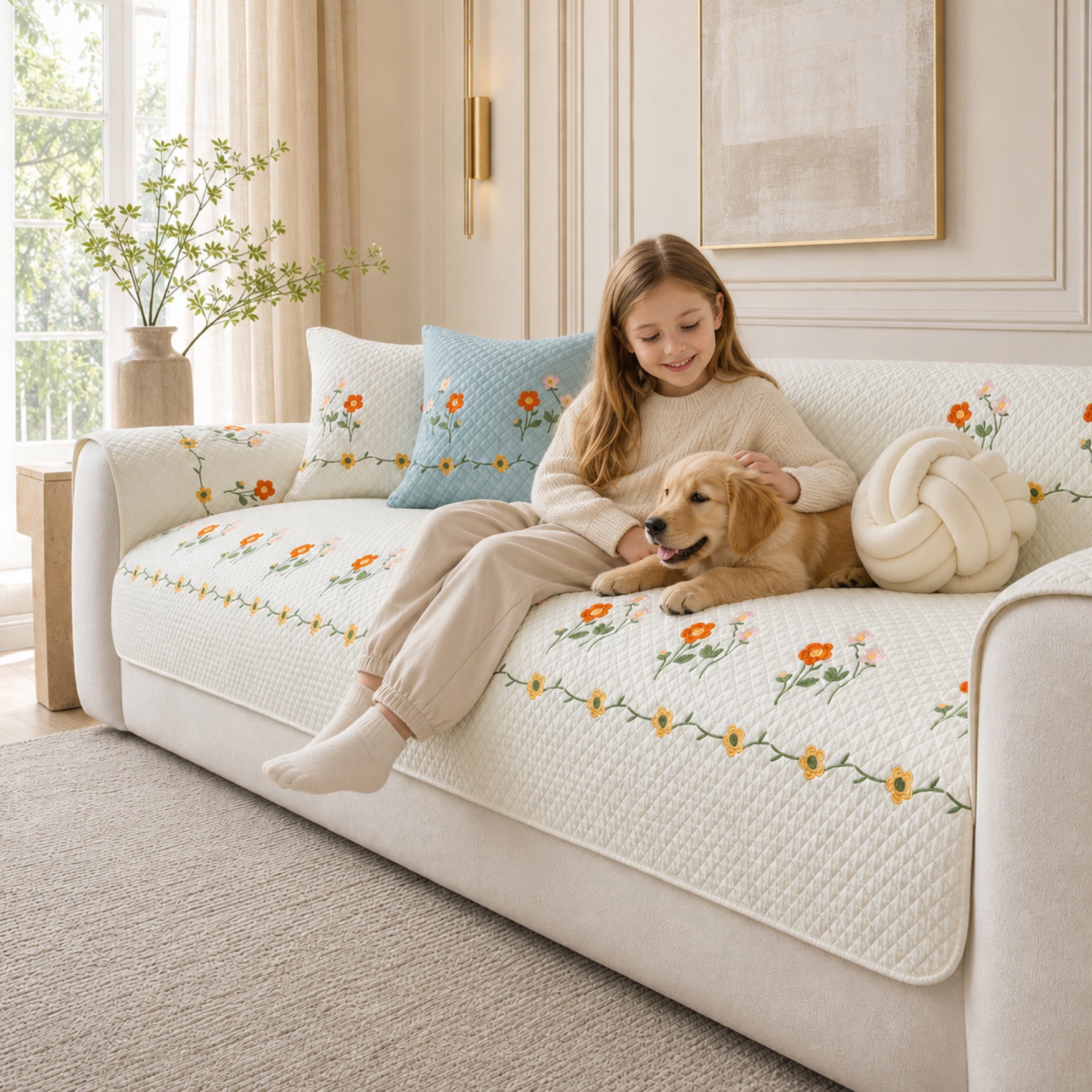 Garden Floral Cotton Sofa Cover | Thick Breathable Anti-Slip | All-Season Protector