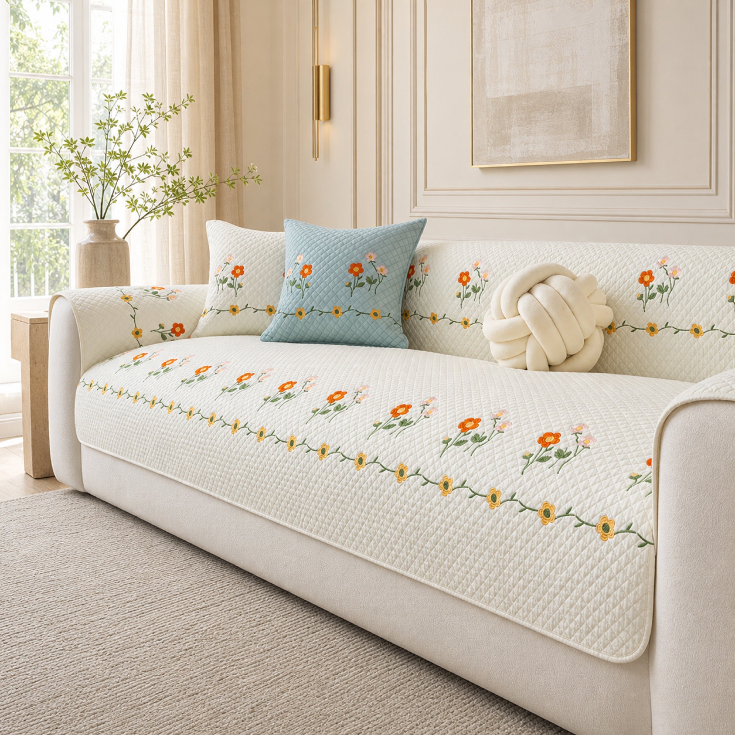 Garden Floral Cotton Sofa Cover | Thick Breathable Anti-Slip | All-Season Protector