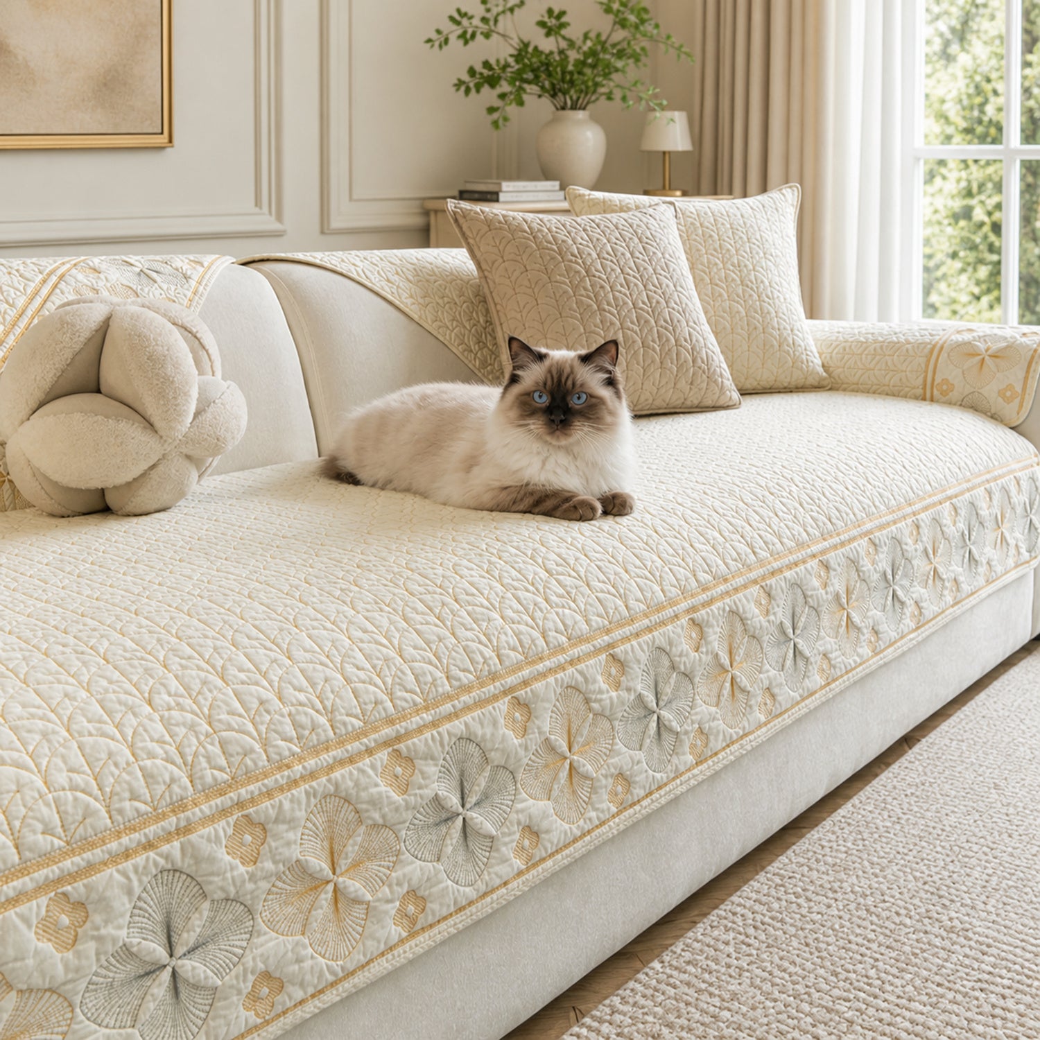 Floral Grace Quilted Sofa Cover | 100% Cotton | Non-Slip Machine-Washable