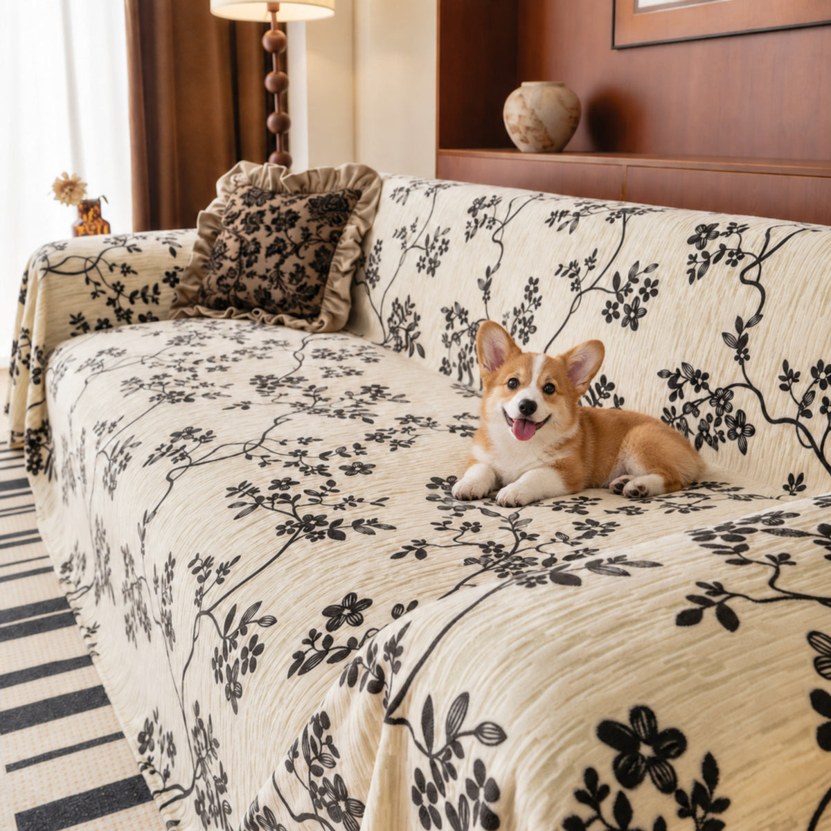 Trailing Blossom Chenille Sofa Throw | Embossed Floral Scratch-Resistant Sofa Protector