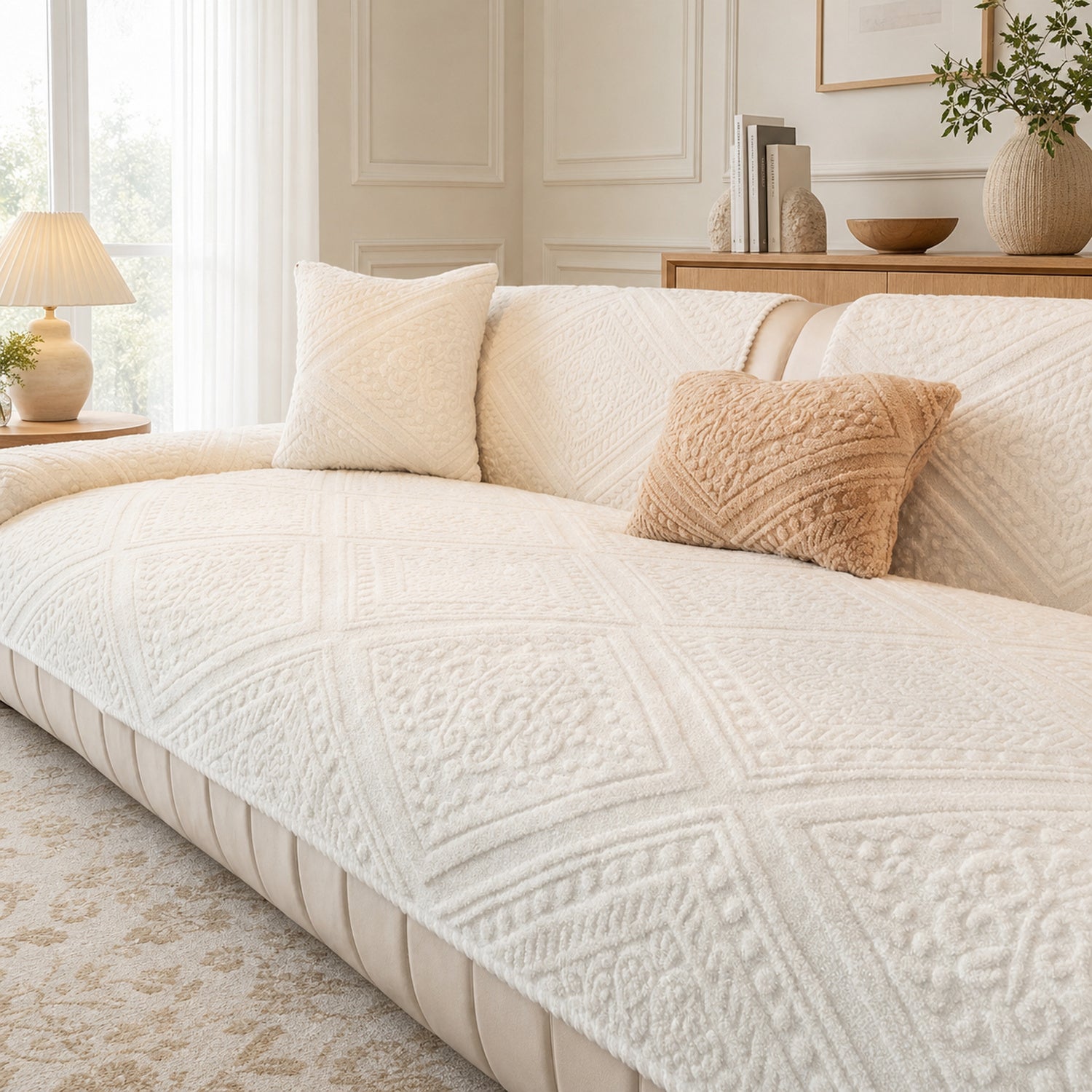Nordic Carved Plush Sofa Protector | Non-Slip Washable Textured Cover