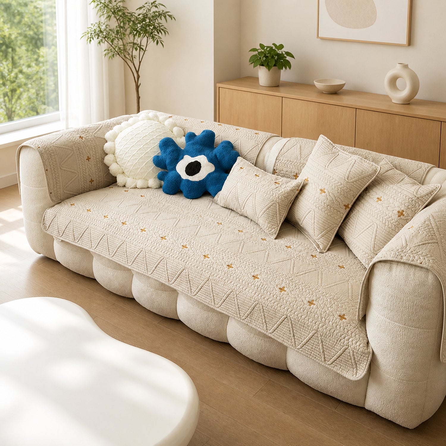 Nordic Cross Quilted Sofa Protector | 100% Cotton Non-Slip Washable Cover