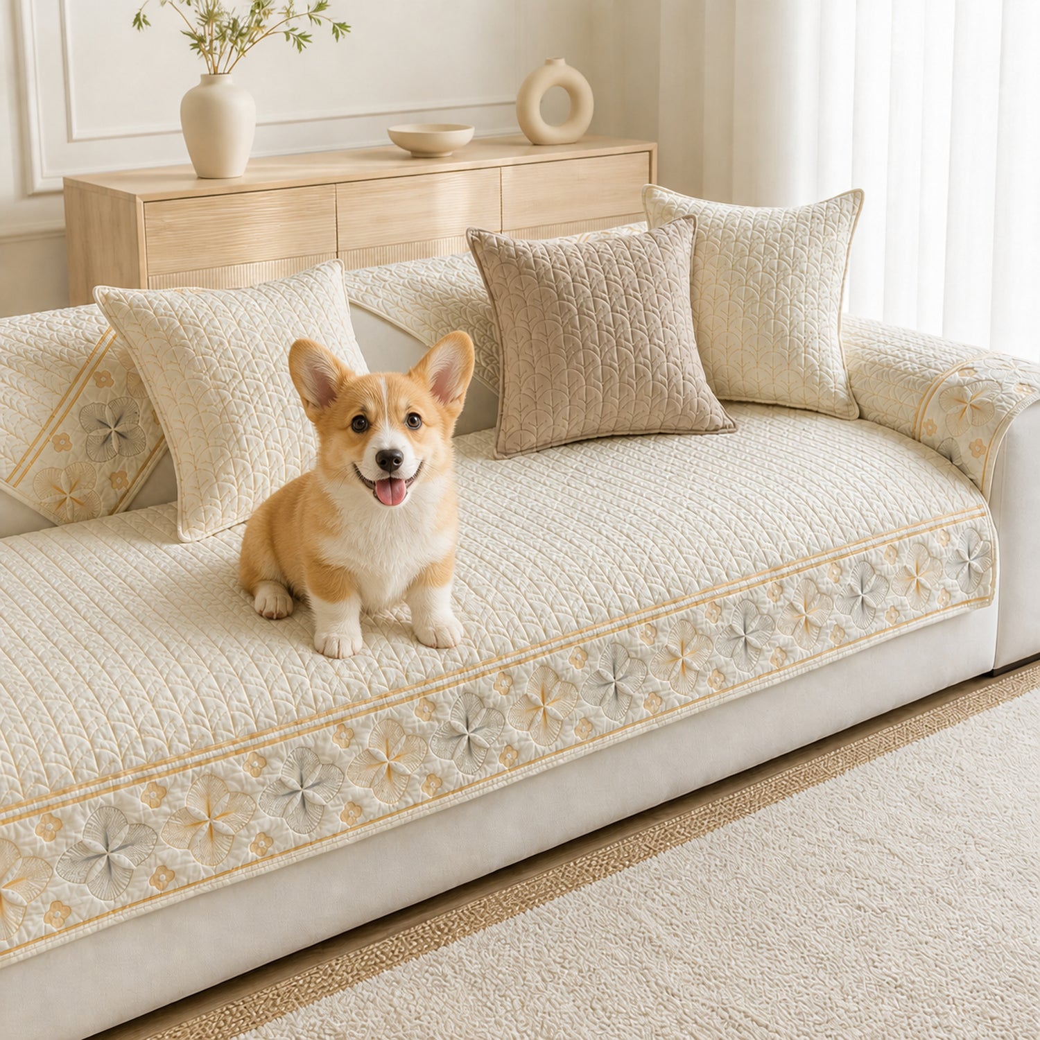 Floral Grace Quilted Sofa Cover | 100% Cotton | Non-Slip Machine-Washable