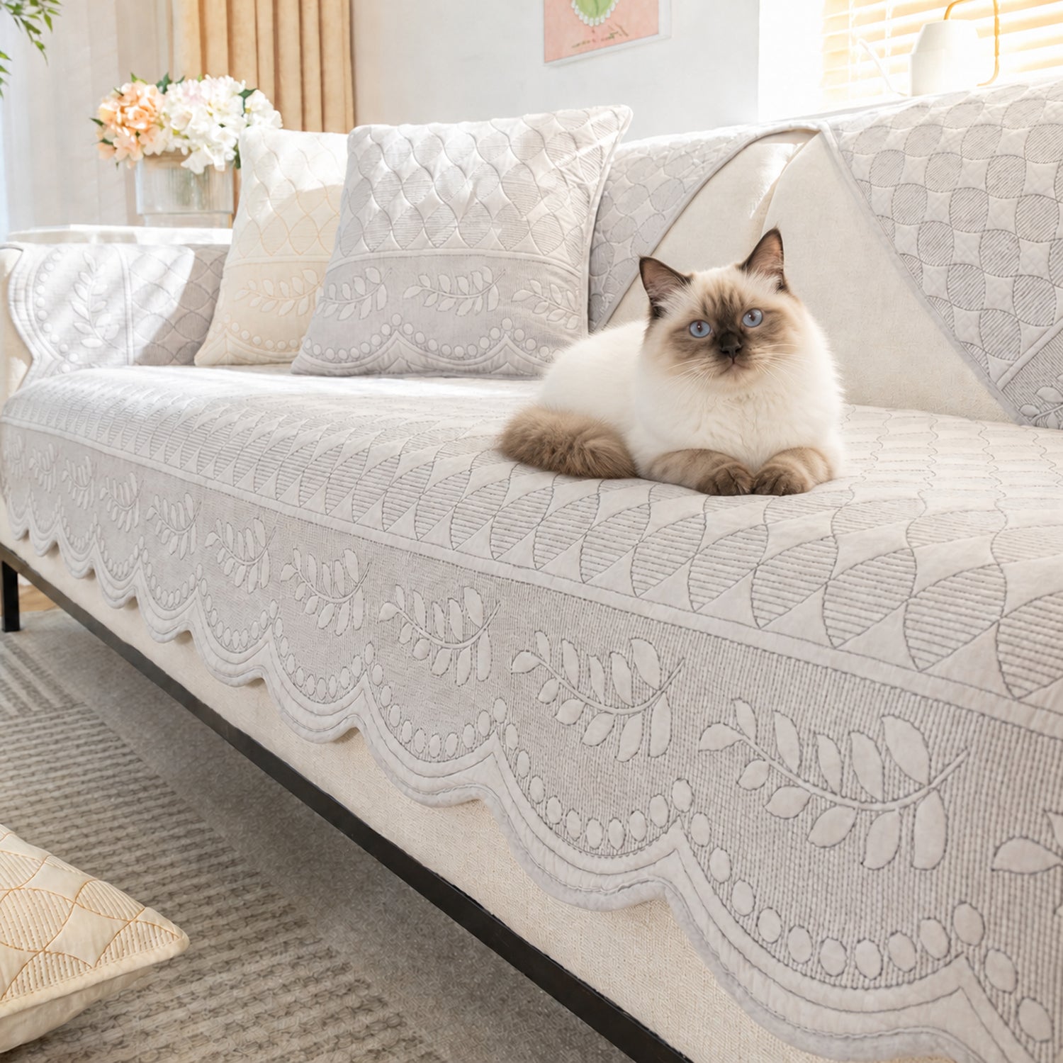 Willow Floral Cotton Sofa Protector | Quilted Non-Slip Washable Cover