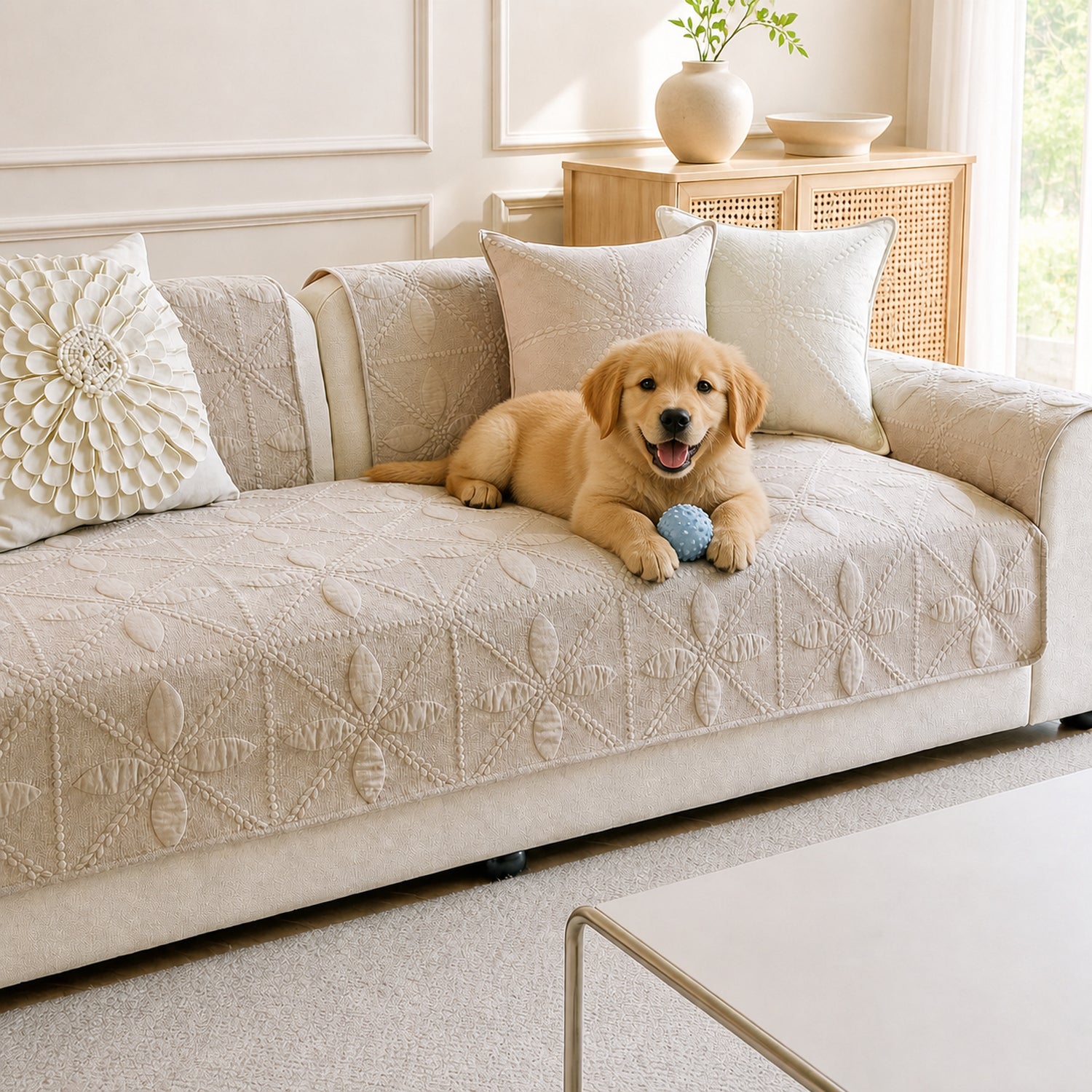 Leaf Lattice Quilted Sofa Protector | Cotton | Non-Slip & Machine Washable