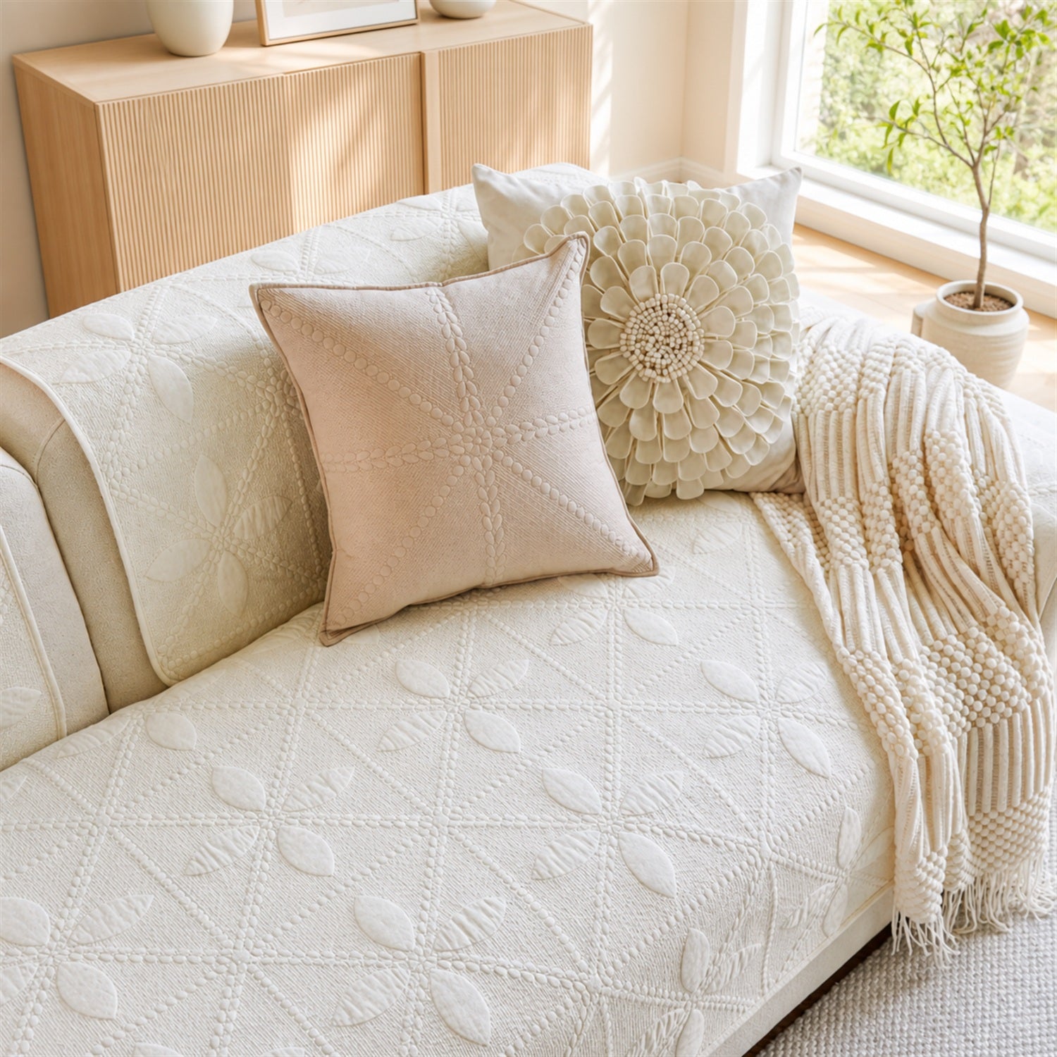 Leaf Lattice Quilted Sofa Protector | Cotton | Non-Slip & Machine Washable
