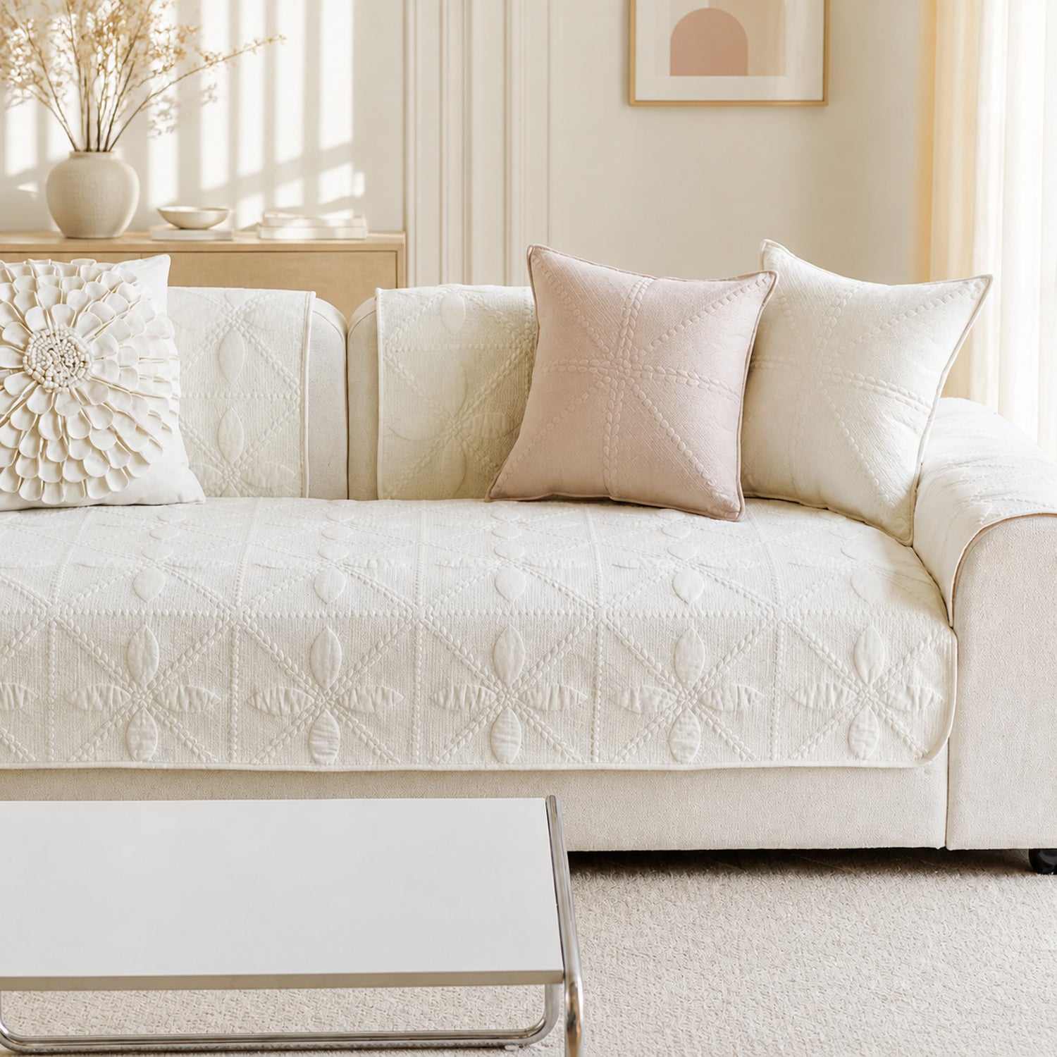 Leaf Lattice Quilted Sofa Protector | Cotton | Non-Slip & Machine Washable