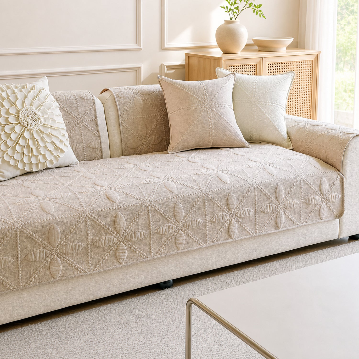Leaf Lattice Quilted Sofa Protector | Cotton | Non-Slip & Machine Washable