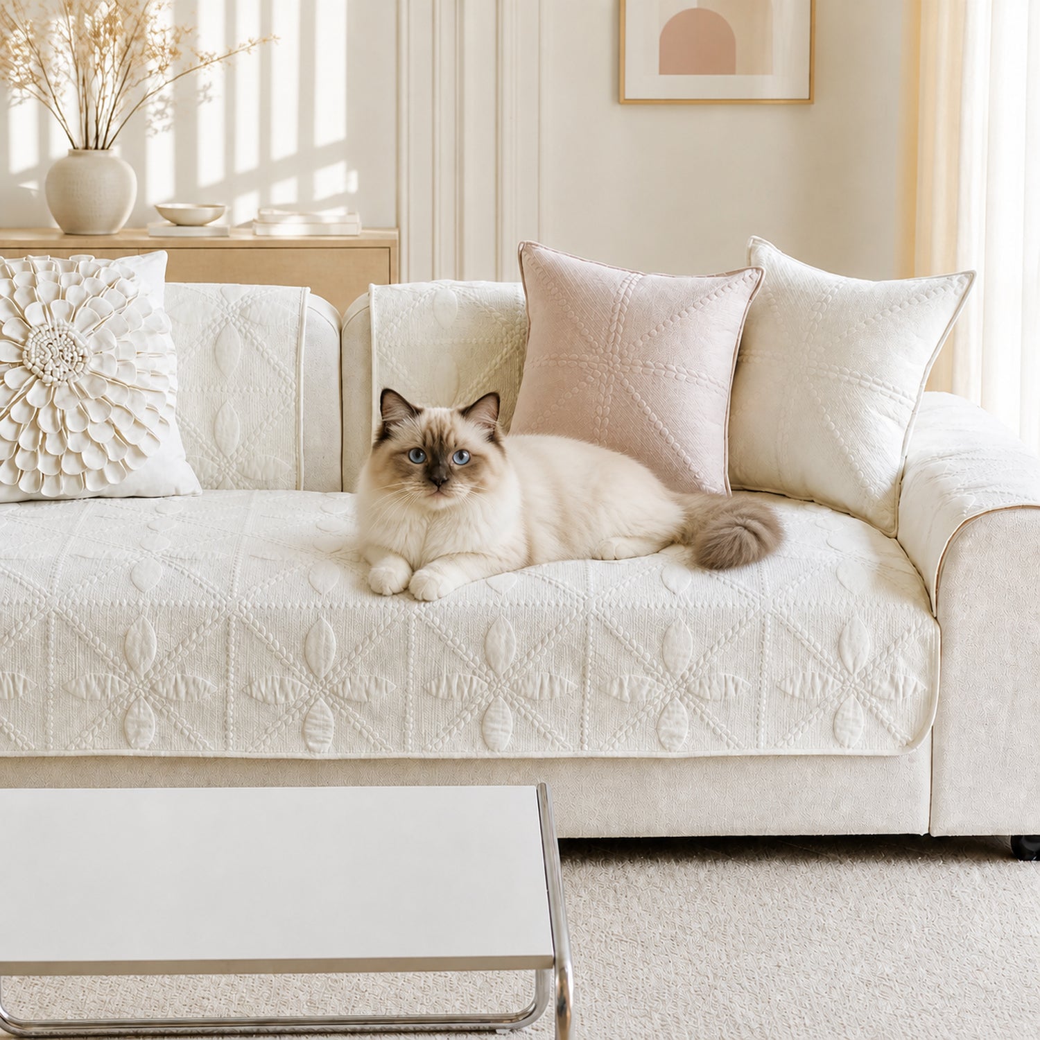 Leaf Lattice Quilted Sofa Protector | Cotton | Non-Slip & Machine Washable