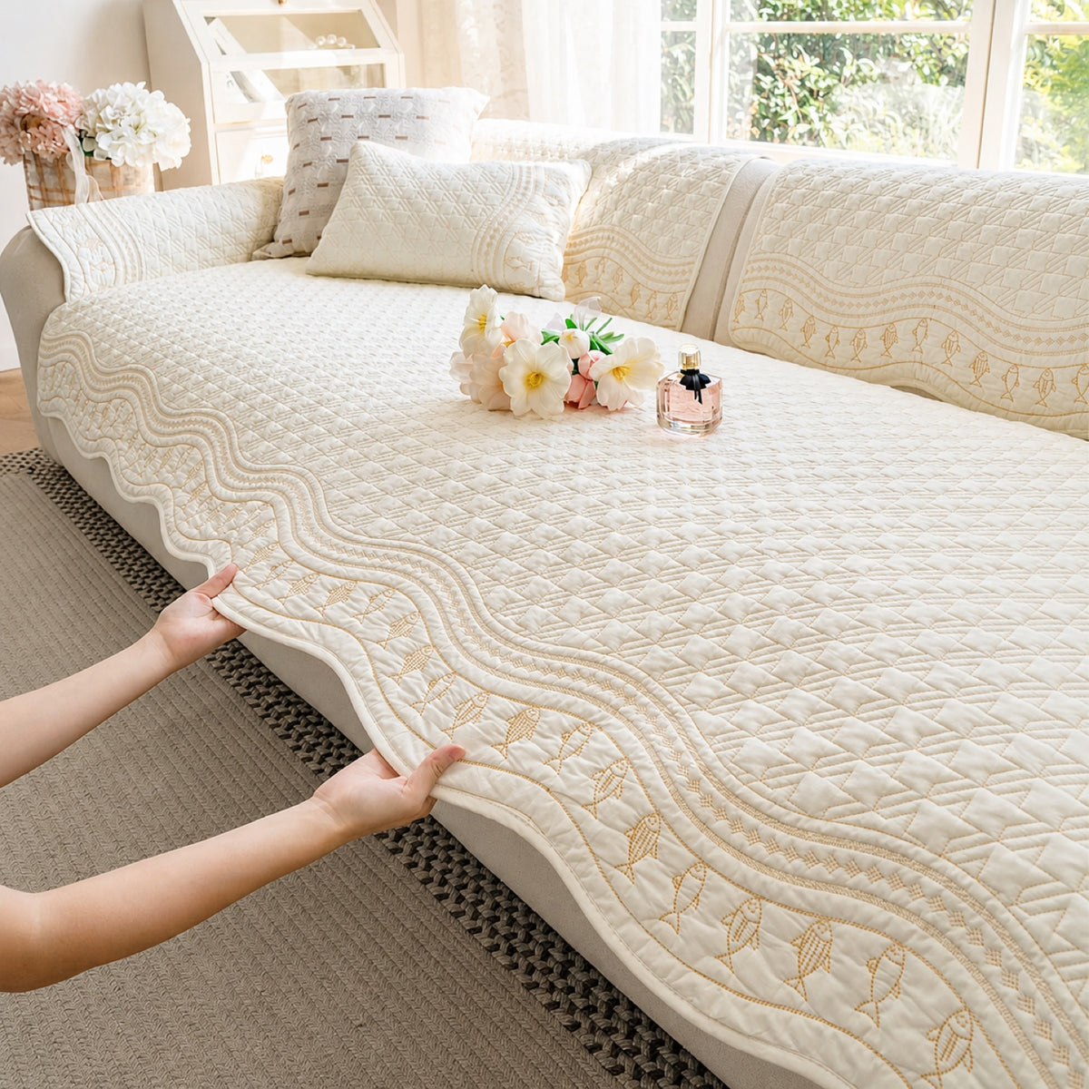 Fish Pattern Cotton Sofa Protector | Quilted Non-Slip Washable Cover