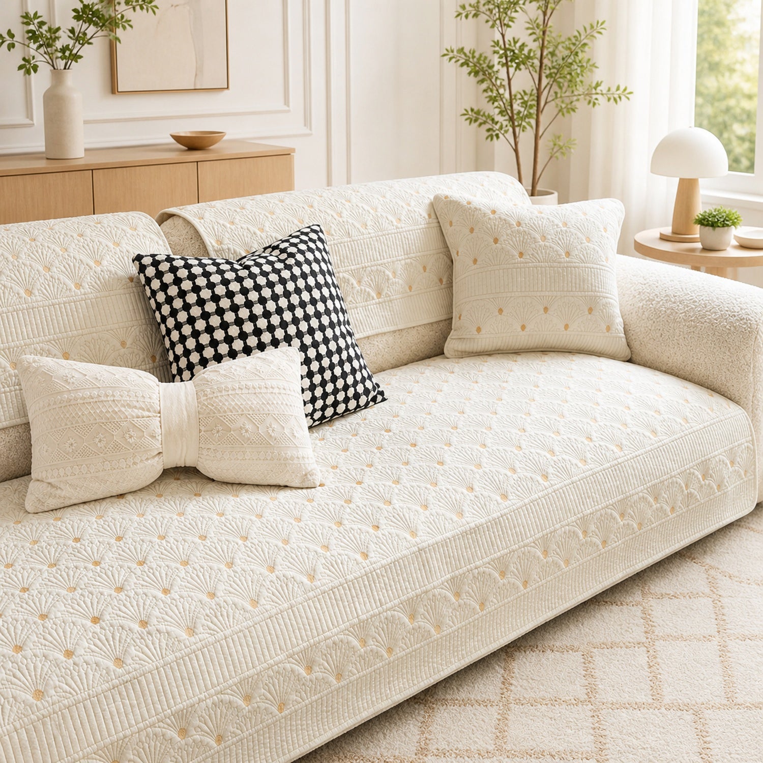 Fanleaf Cotton Sofa Protector | Embroidered Non-Slip Machine Washable Cover