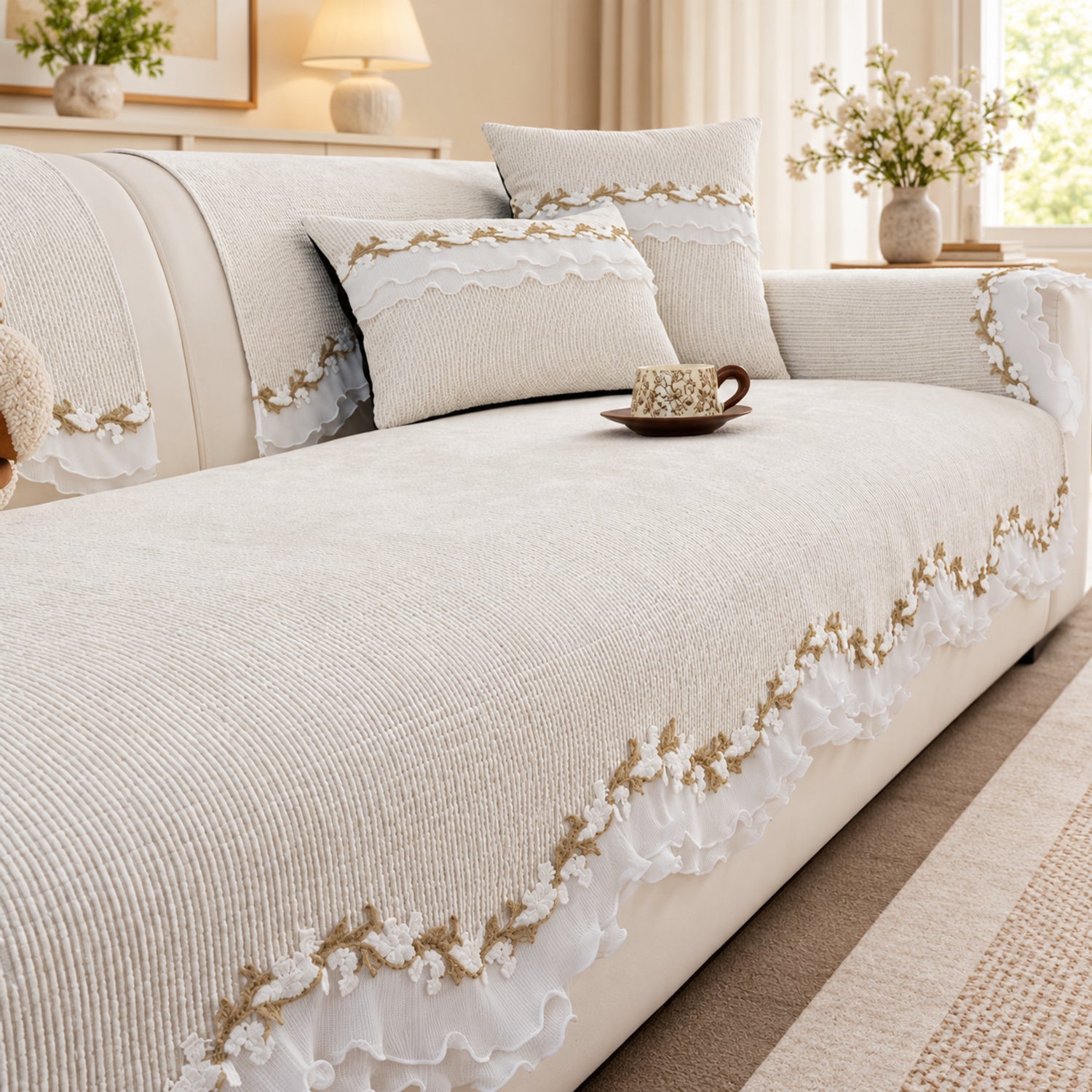 Ruffle Charm Chenille Sofa Cover | Non-Slip & Machine Washable