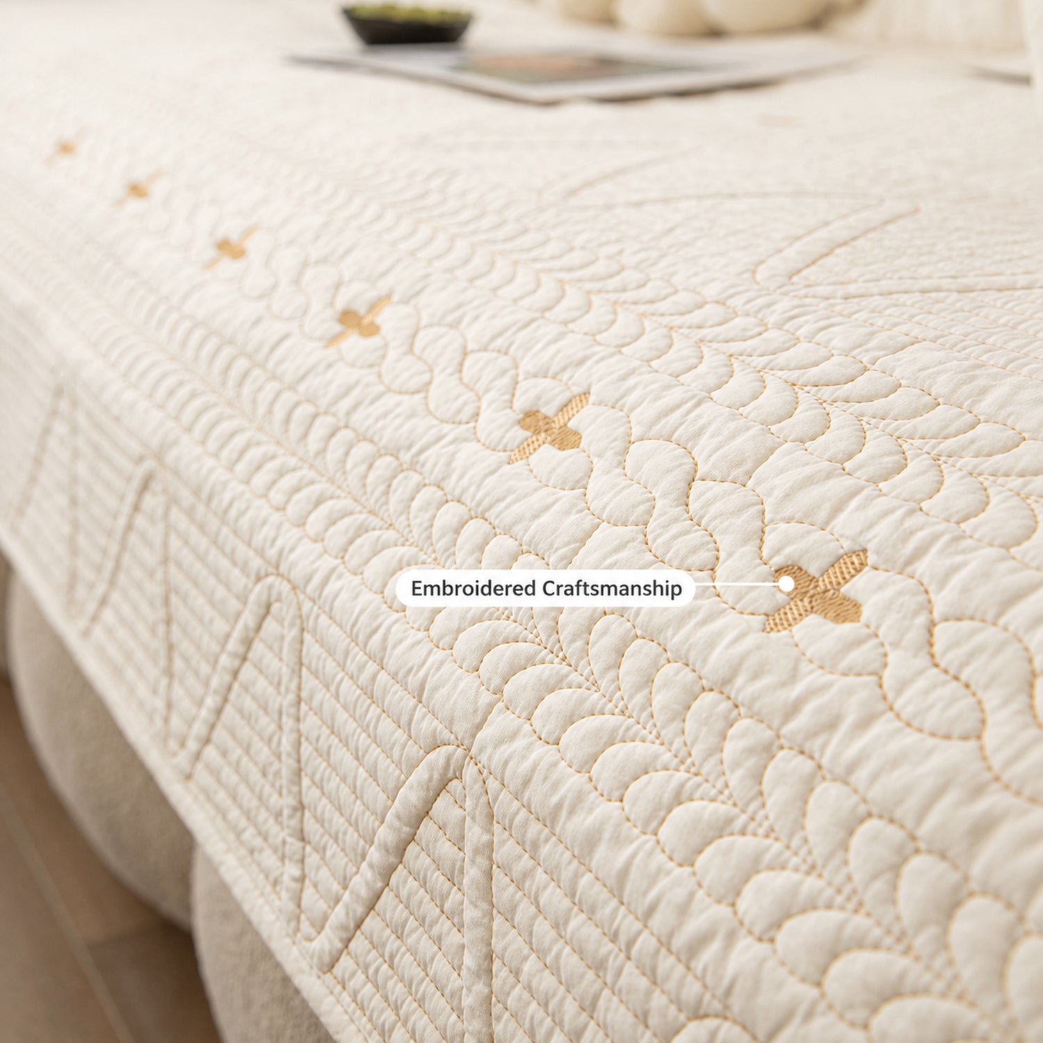 Nordic Cross Quilted Sofa Protector | 100% Cotton Non-Slip Washable Cover