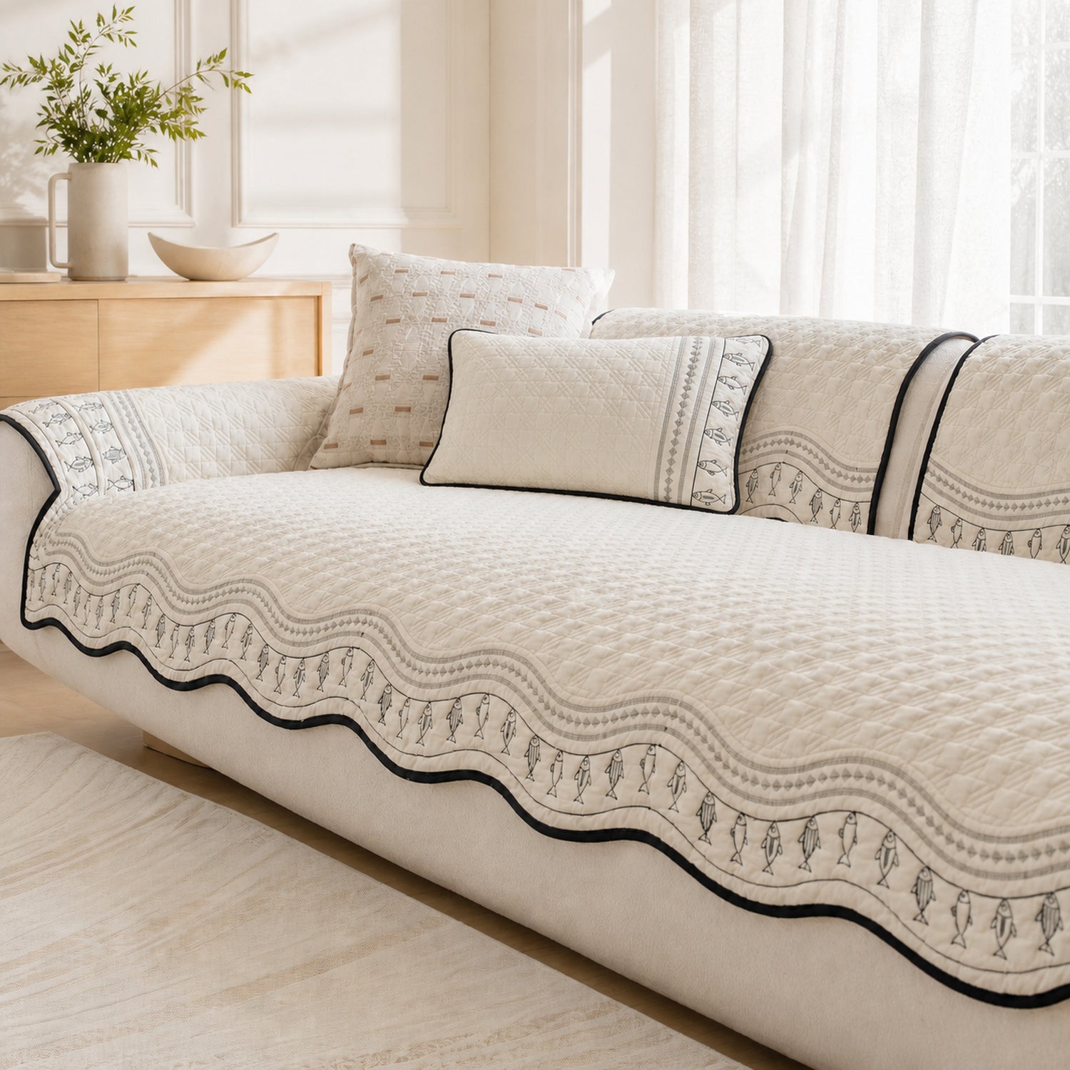 Fish Pattern Cotton Sofa Protector | Quilted Non-Slip Washable Cover