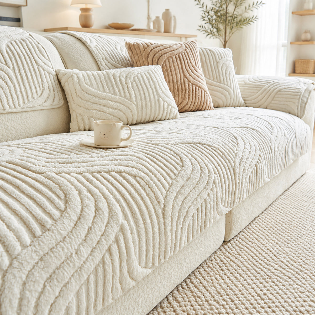 Plush Geometric Sofa Protector | Soft Textured Non-Slip Washable Cover