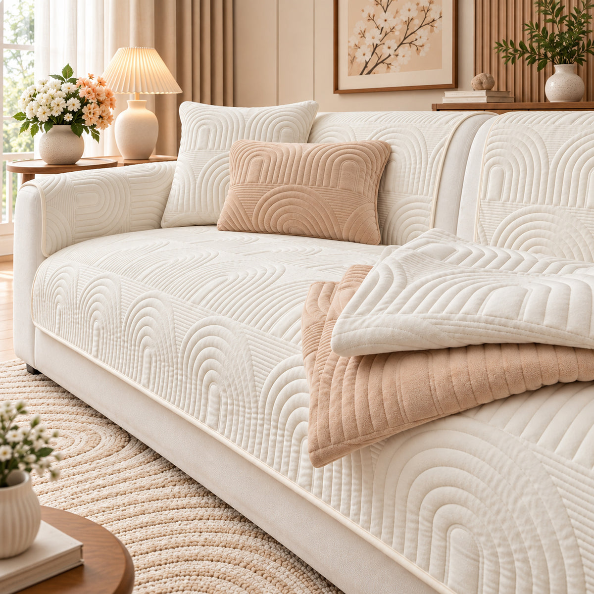 Ripple Arch Sofa Cover | Quilted Velour | Non-Slip Sofa Protector