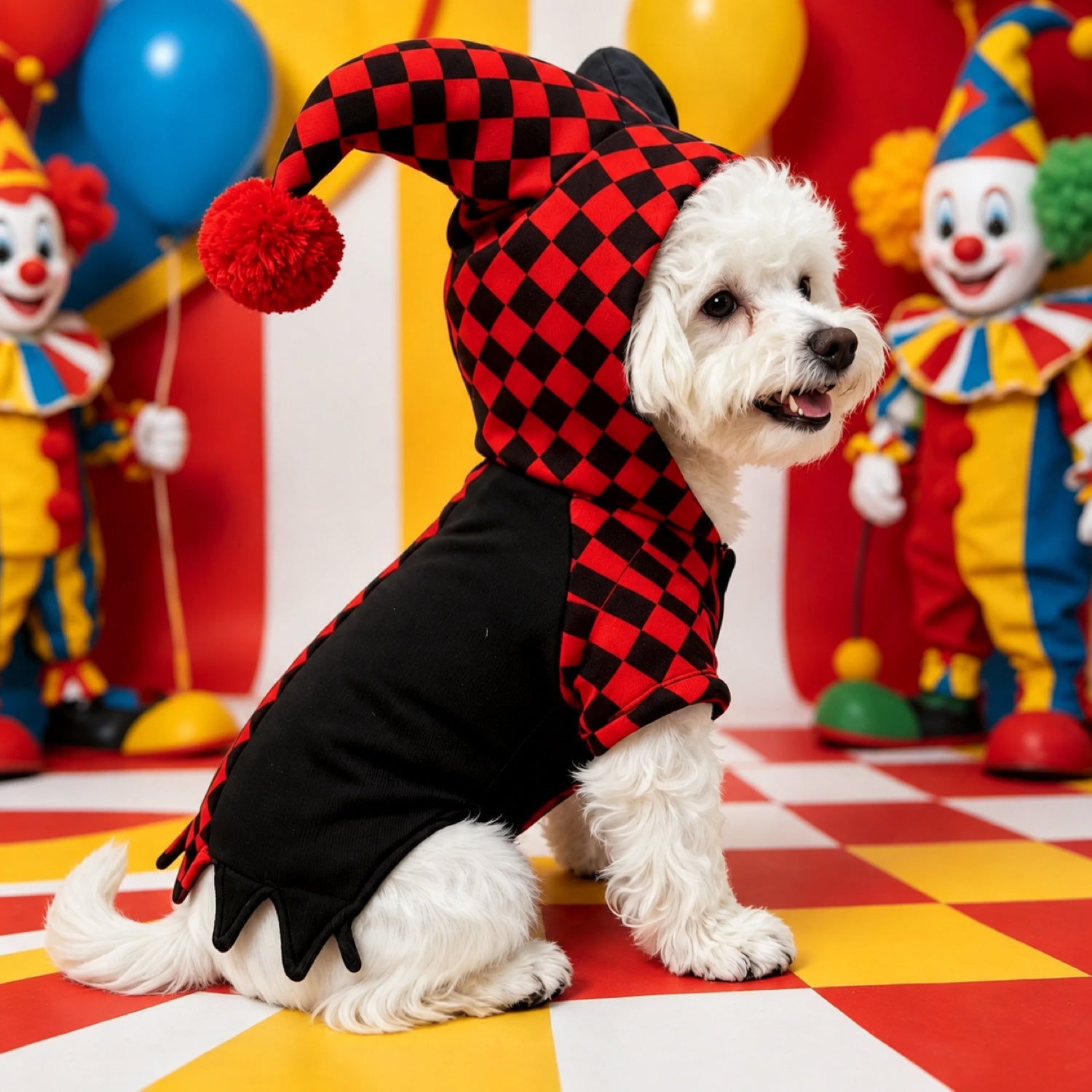 Jester Pet Costume | Red & Black Halloween Fancy Dress for Cats & Small Dogs