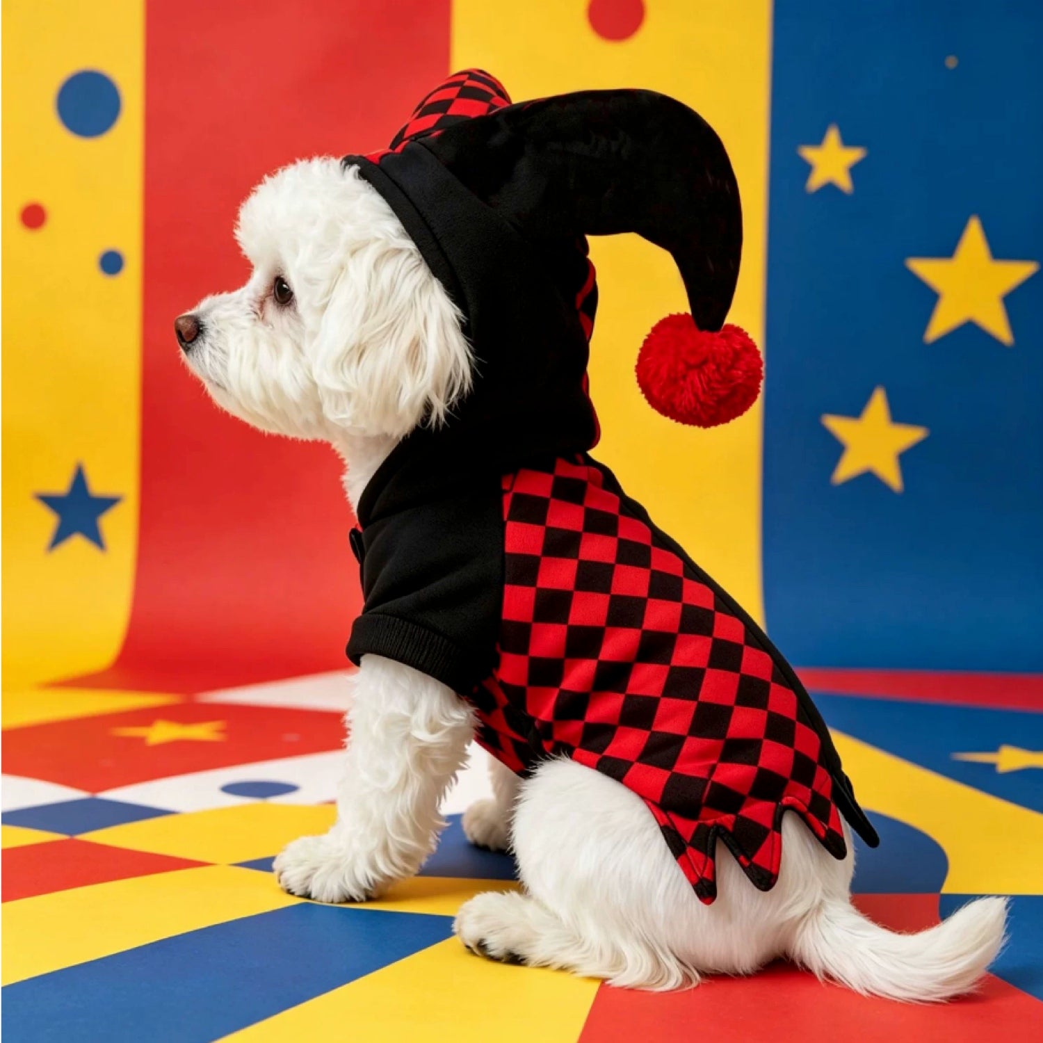 Jester Pet Costume | Red & Black Halloween Fancy Dress for Cats & Small Dogs