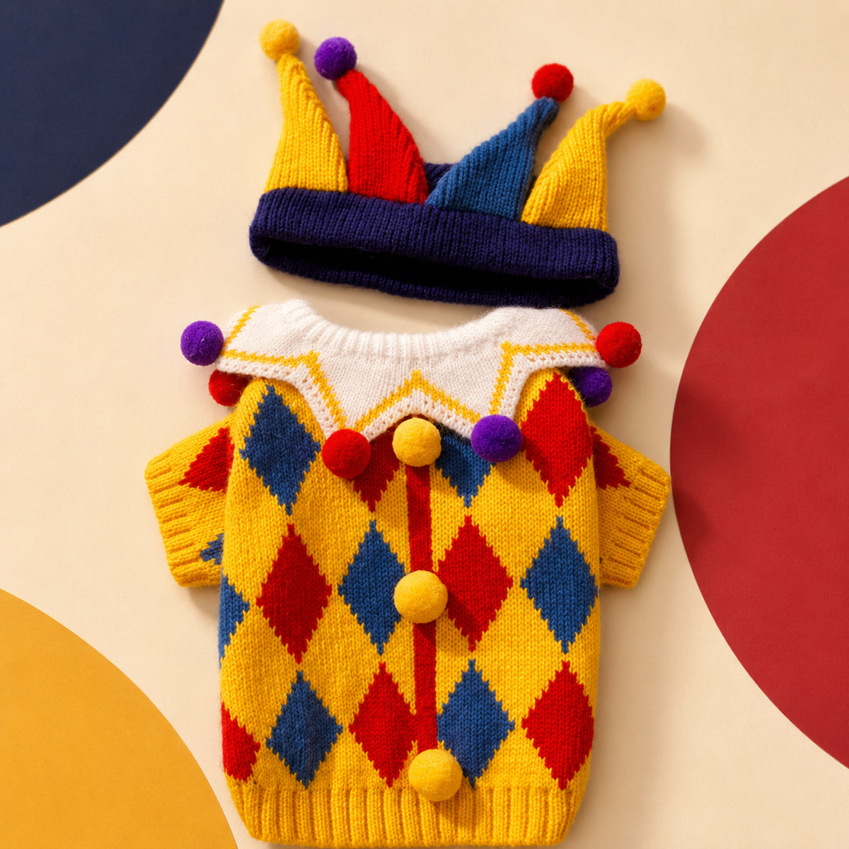 Jolly Jester Pet Costume | Cosy Knitted Halloween Jumper for Dogs & Cats