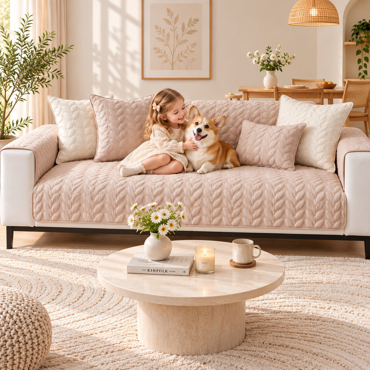 Leafy Vine Sofa Cover | Quilted Cotton | Non-Slip Sofa Protector