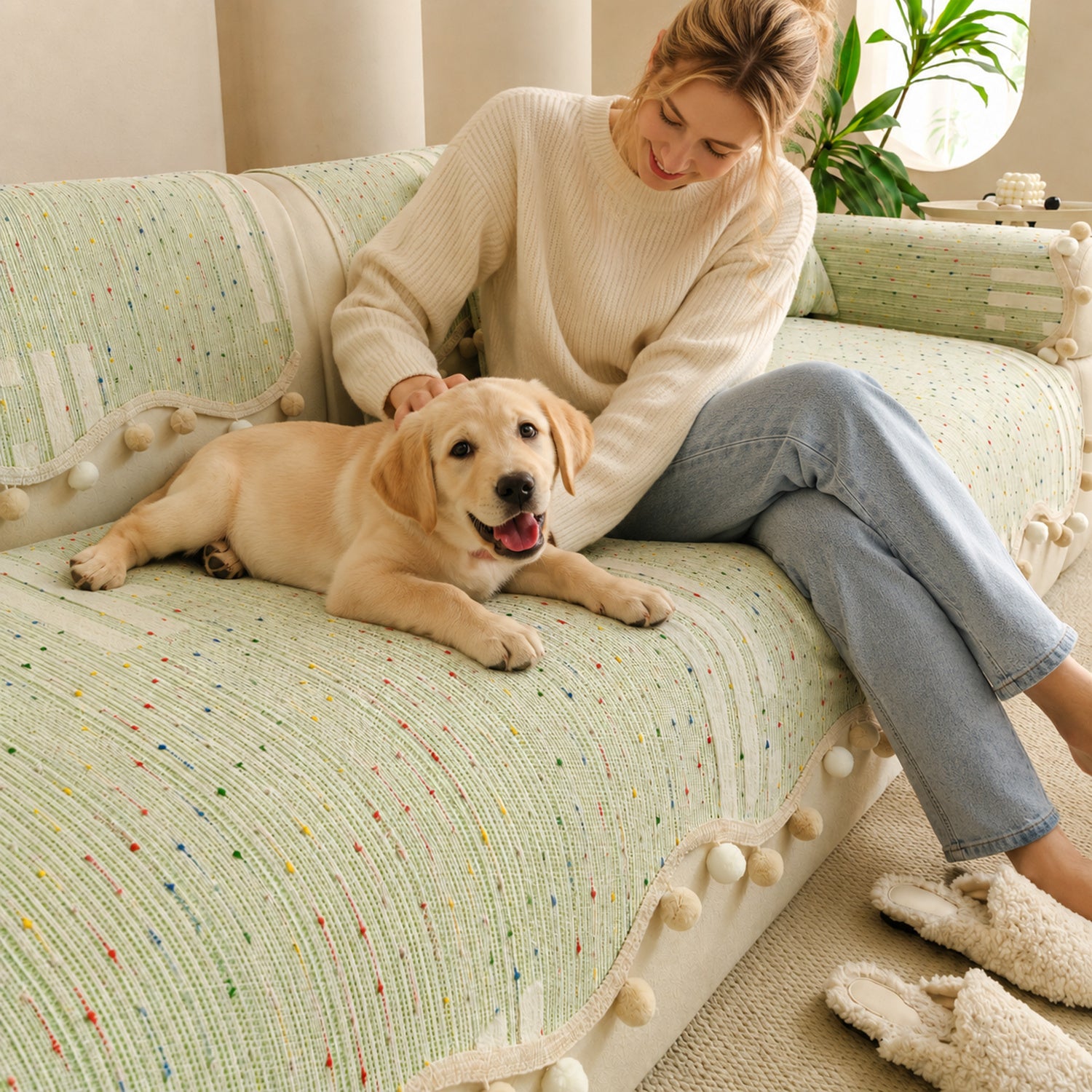 Confetti Pom-Pom Sofa Cover | Chenille | Washable Anti-Slip Sofa Protector