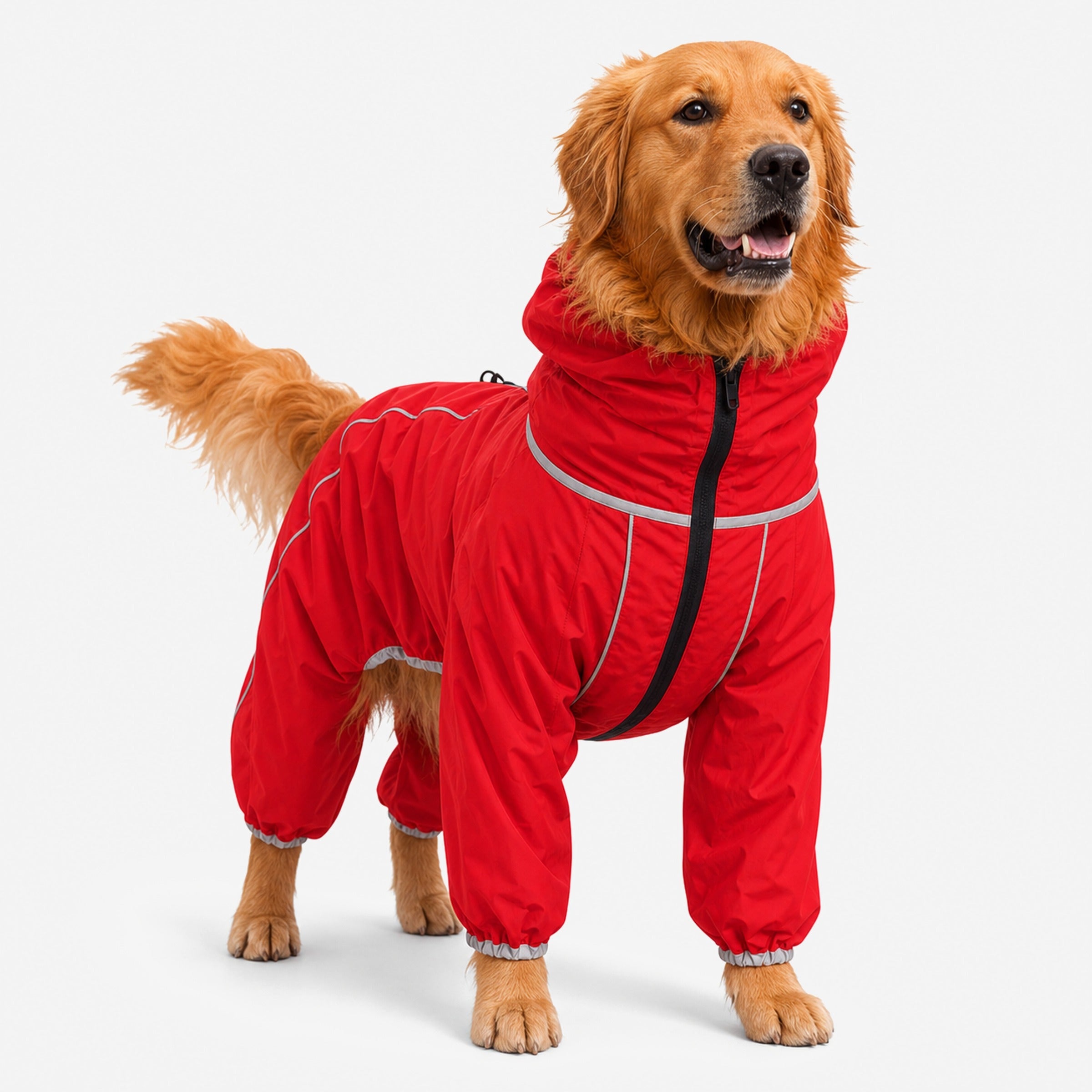 Large dog wearing red waterproof rain coat on light grey studio background