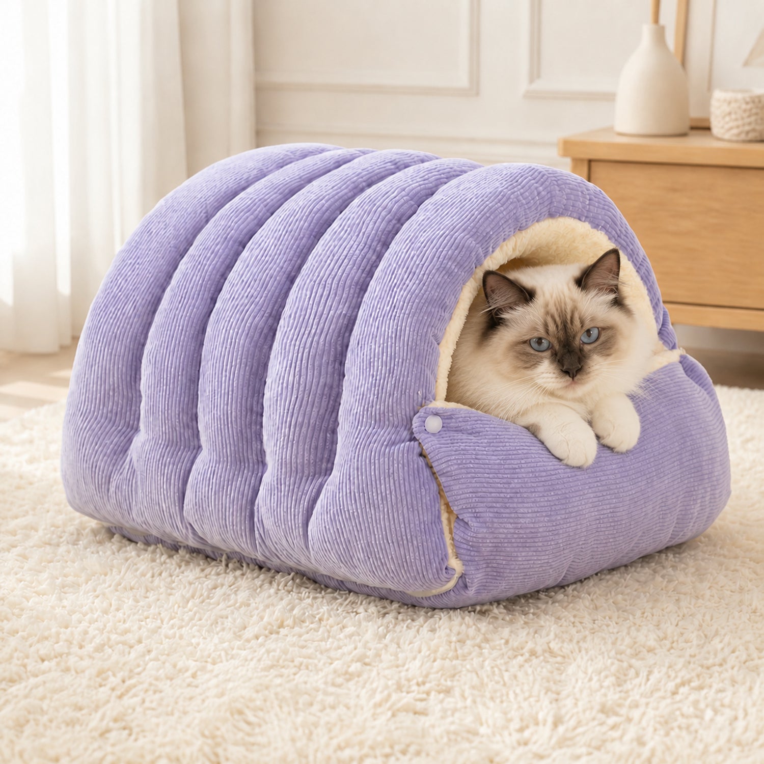 Cosy Tunnel Cat Bed | Warm Corduroy | Removable Washable Hideaway